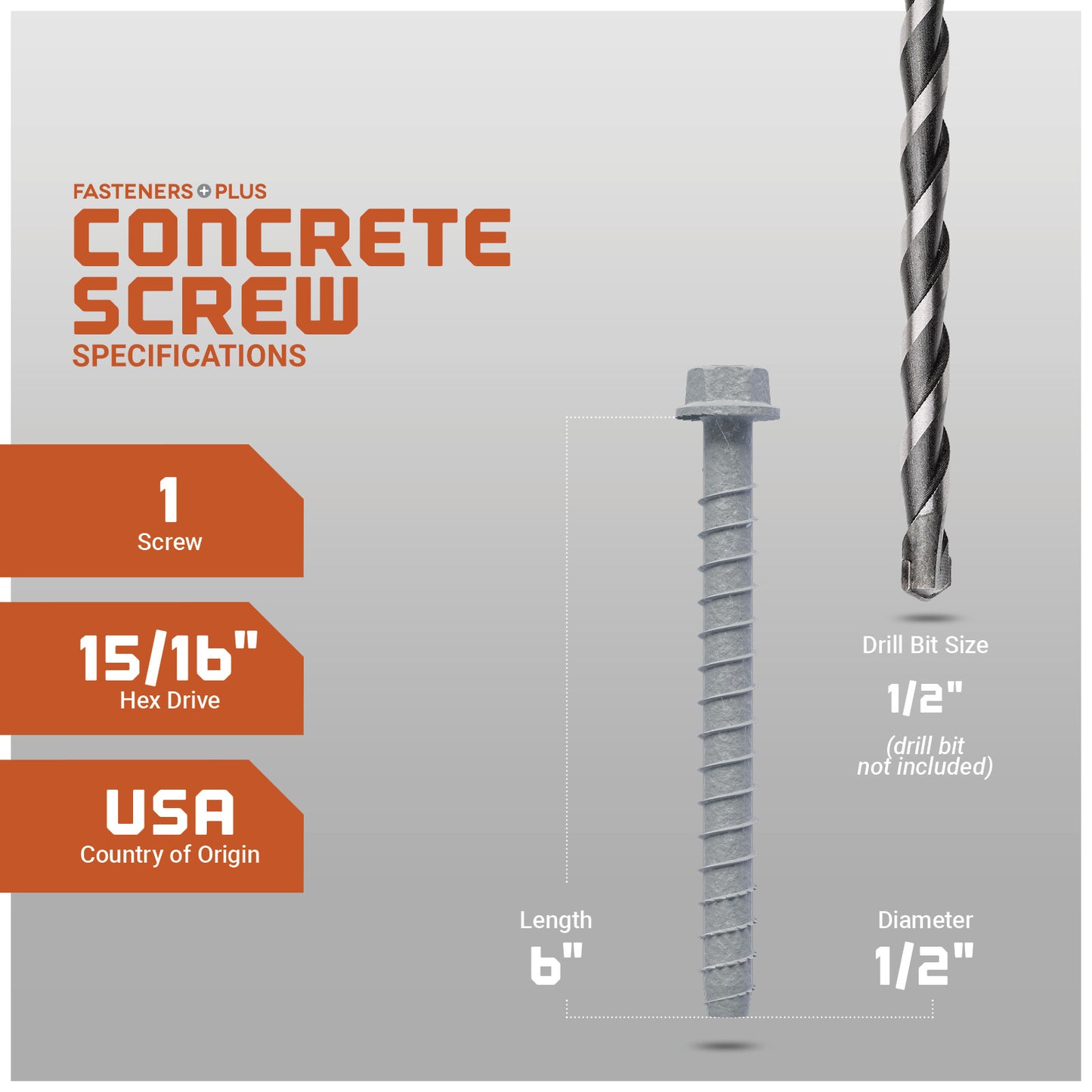 Concrete screw with drill bit on a gray background, featuring specifications.