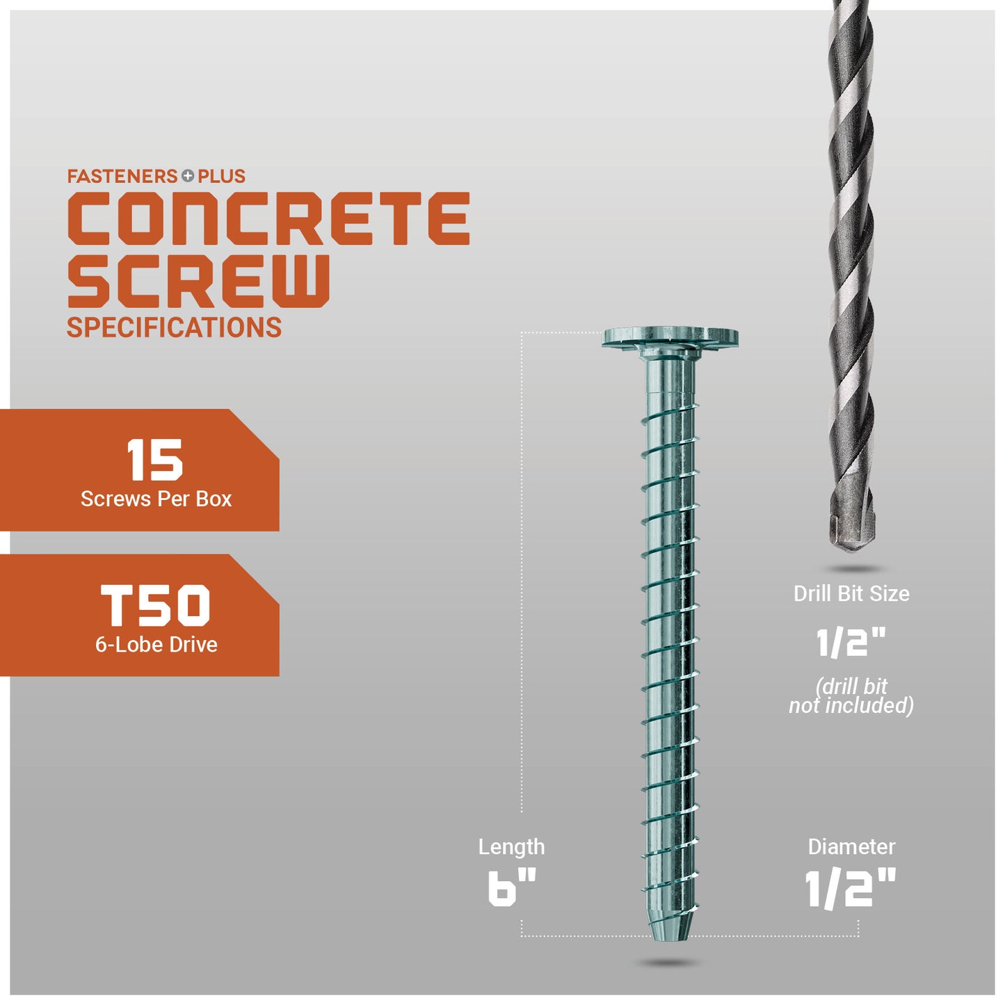 Concrete screw with drill bit and specifications on a gray background
