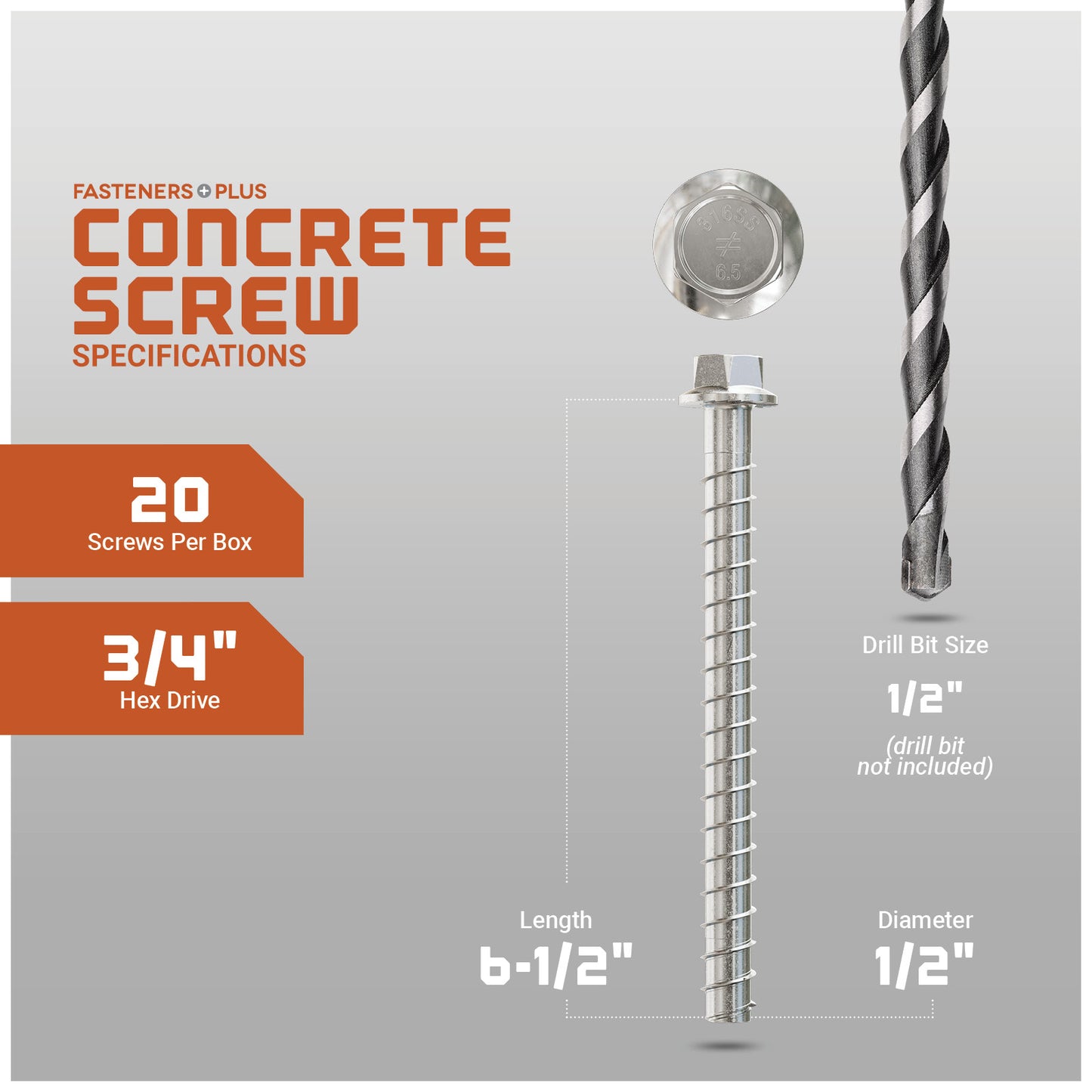 Concrete screw with drill bit on a gray background, featuring specifications.
