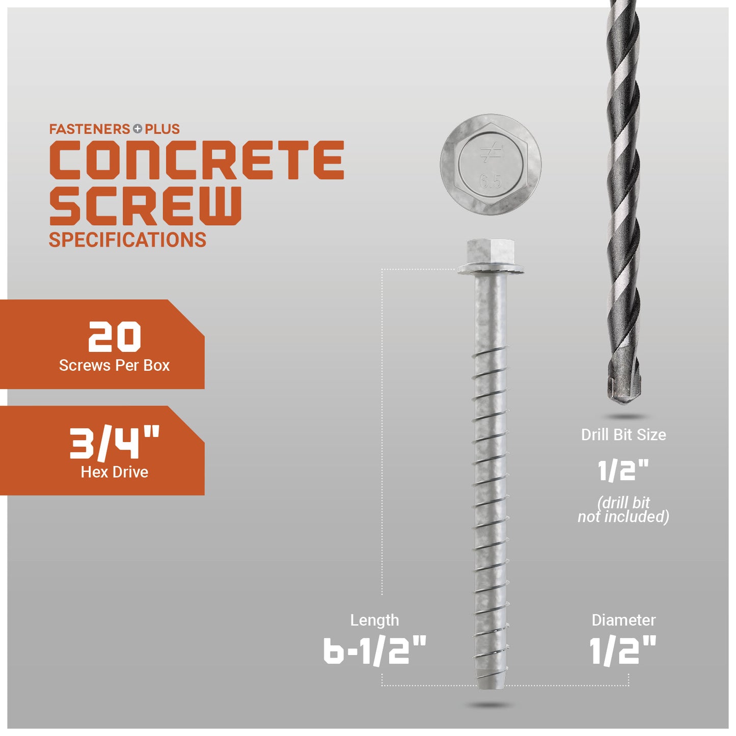 Concrete screw with specifications on a gray background