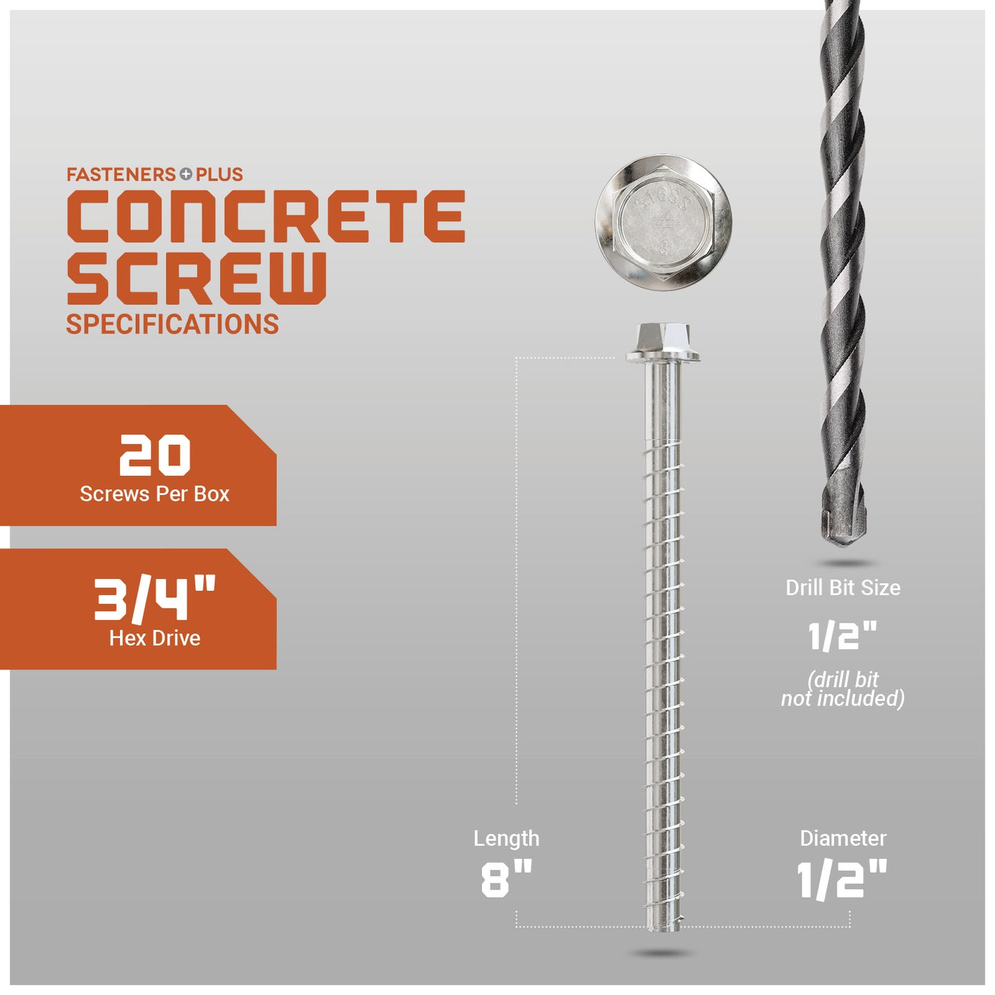 Concrete screw with drill bit on a gray background, featuring specifications.