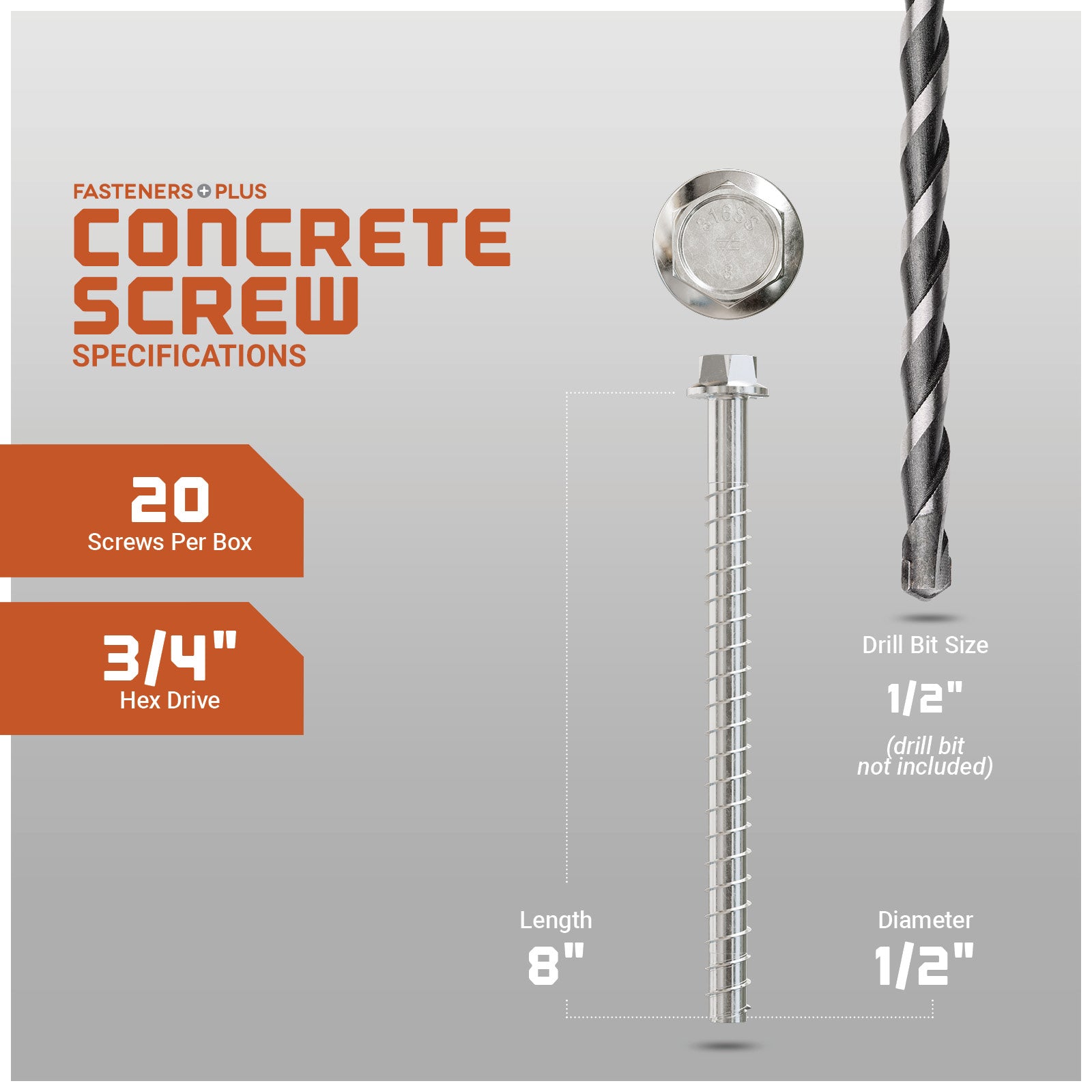 Concrete screw with drill bit on a gray background, featuring specifications.