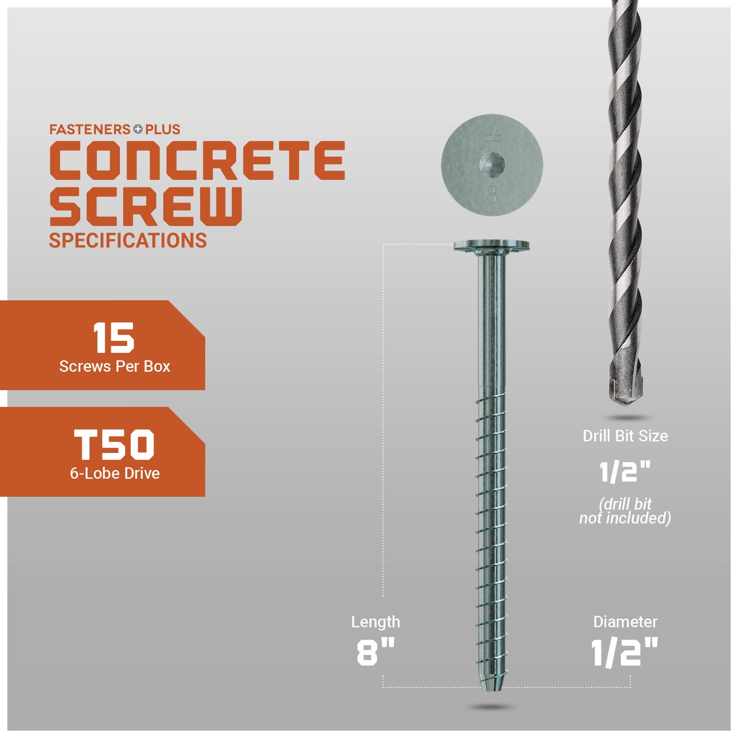 Concrete screw with drill bit on a gray background, featuring specifications.