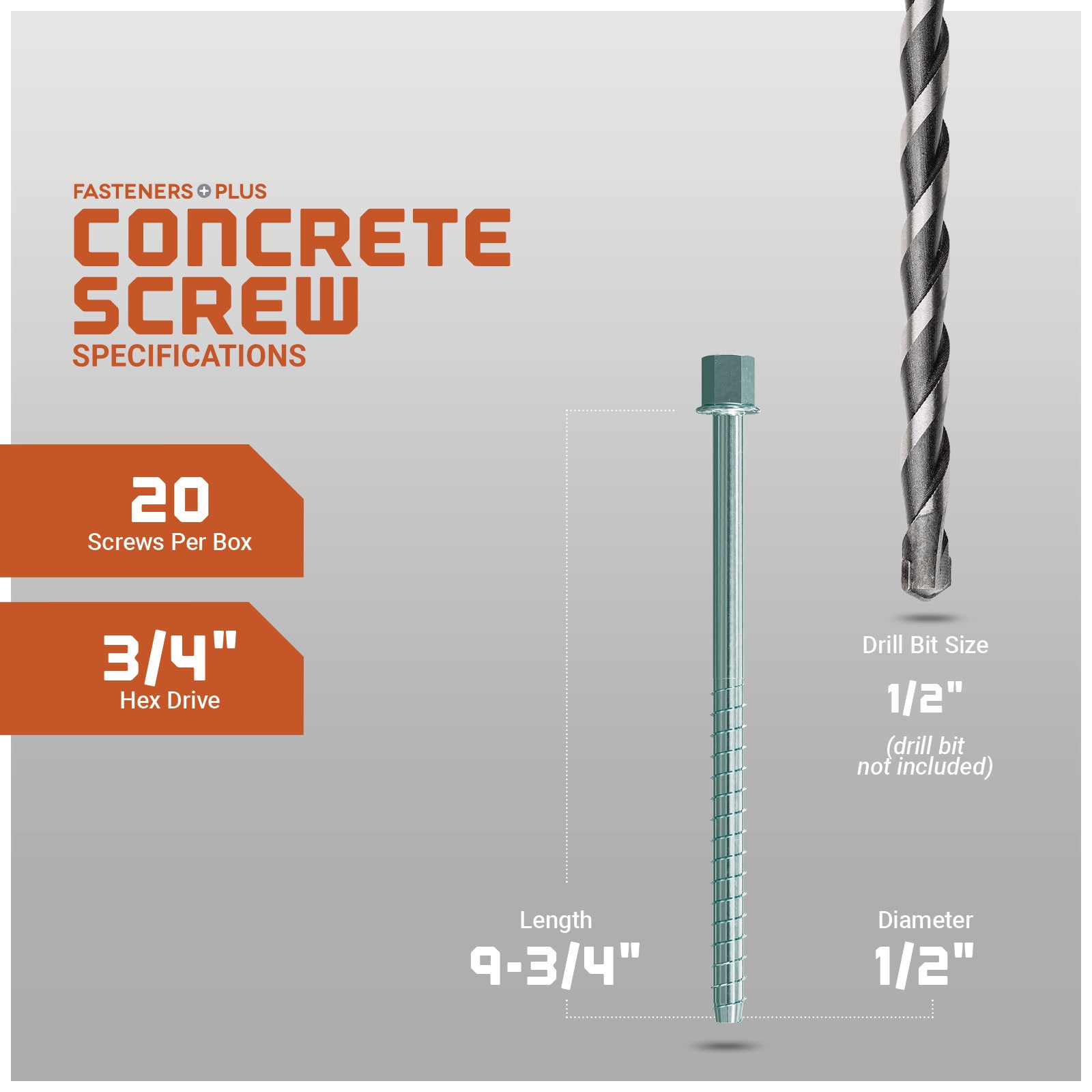 Concrete screw with specifications on a gray background
