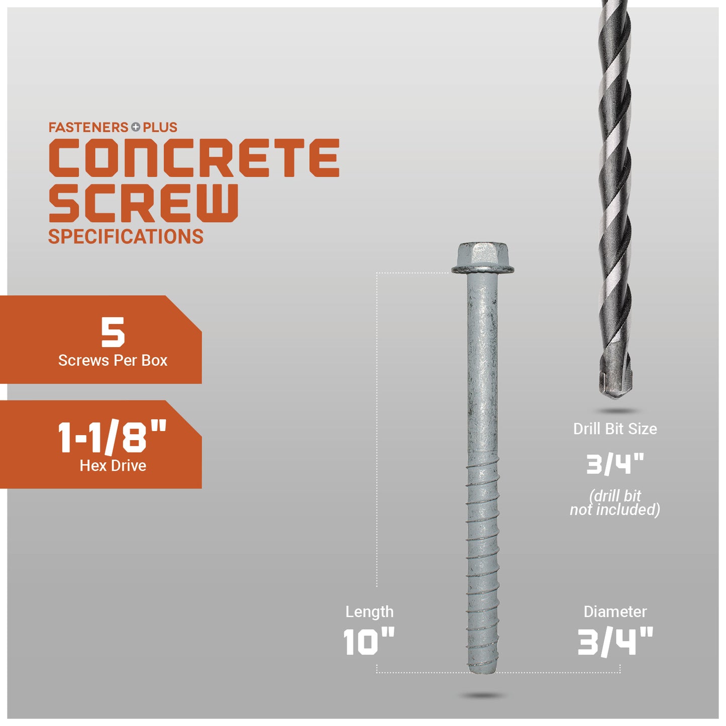 Concrete screw with specifications on a gray background
