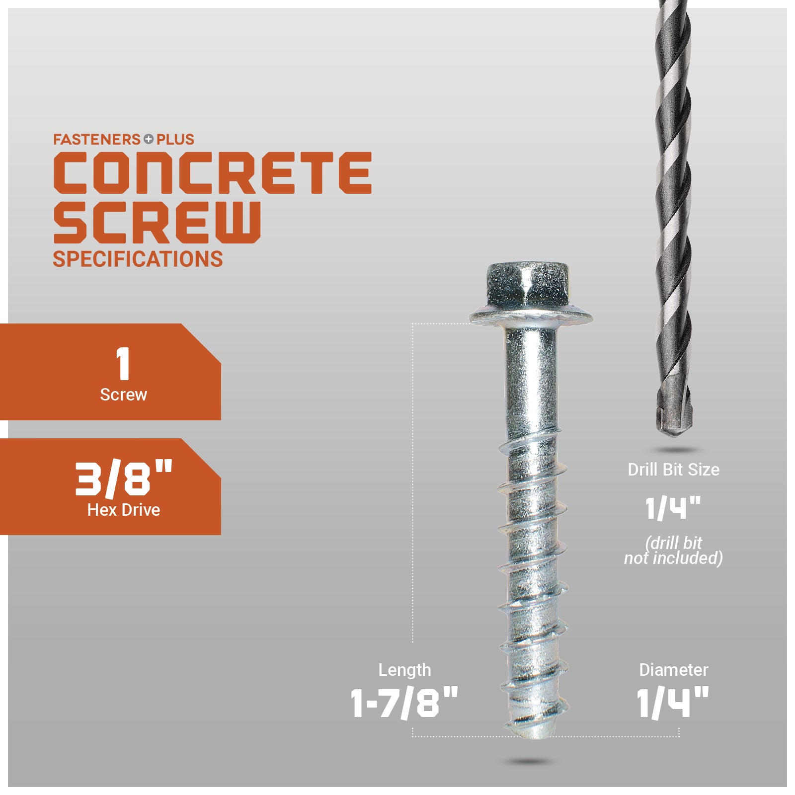 Concrete screw with specifications on a gray background