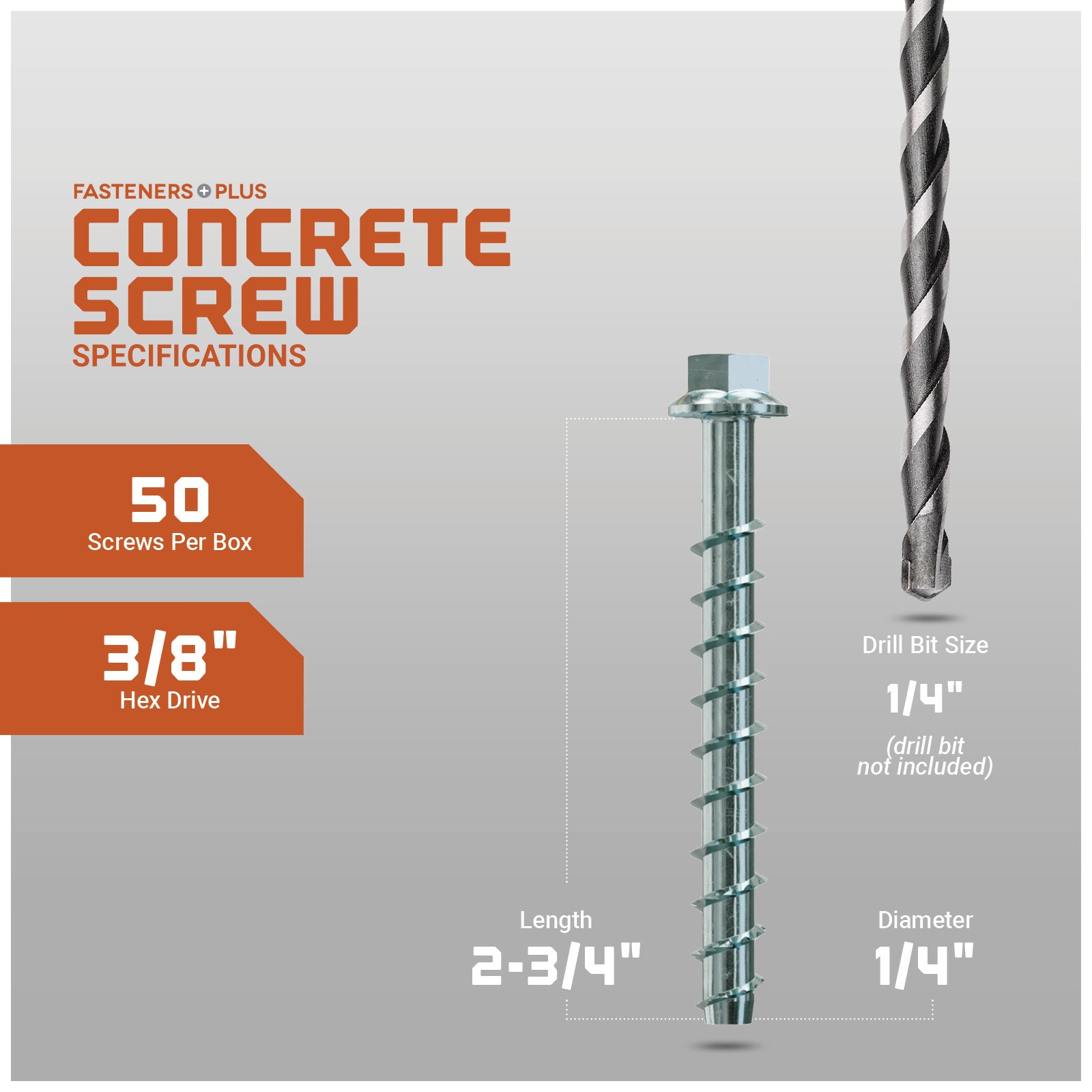 Concrete screw with specifications on a gray background