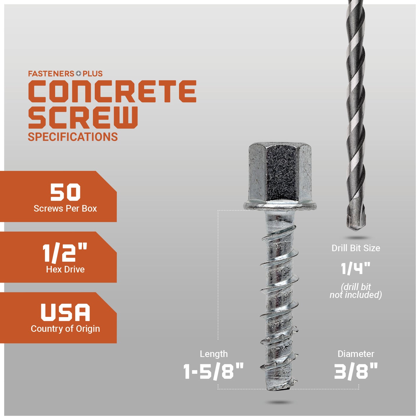 Concrete screw with specifications on a gray background