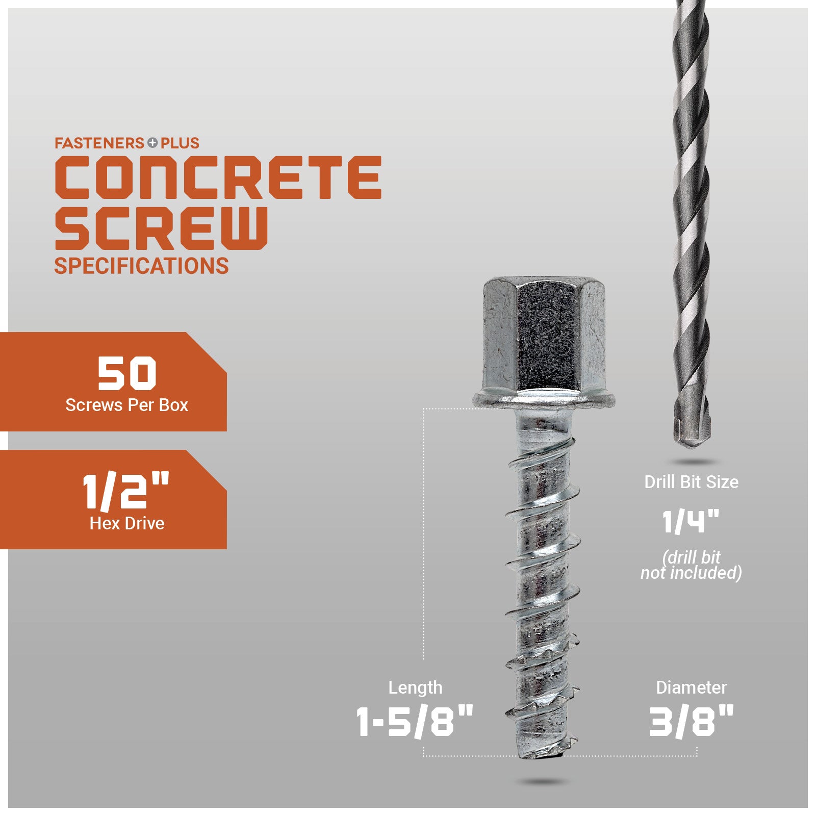 Concrete screw with specifications on a gray background