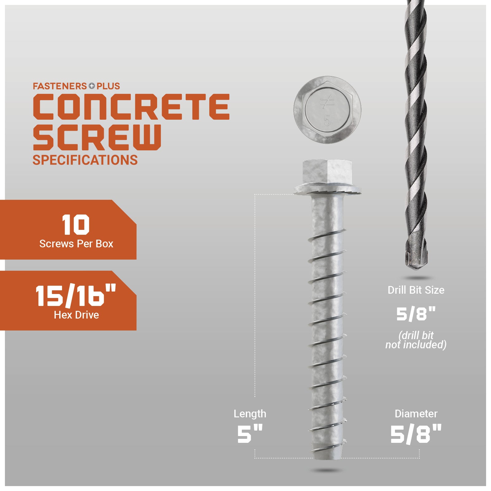 Concrete screw with drill bit on a gray background, featuring specifications.