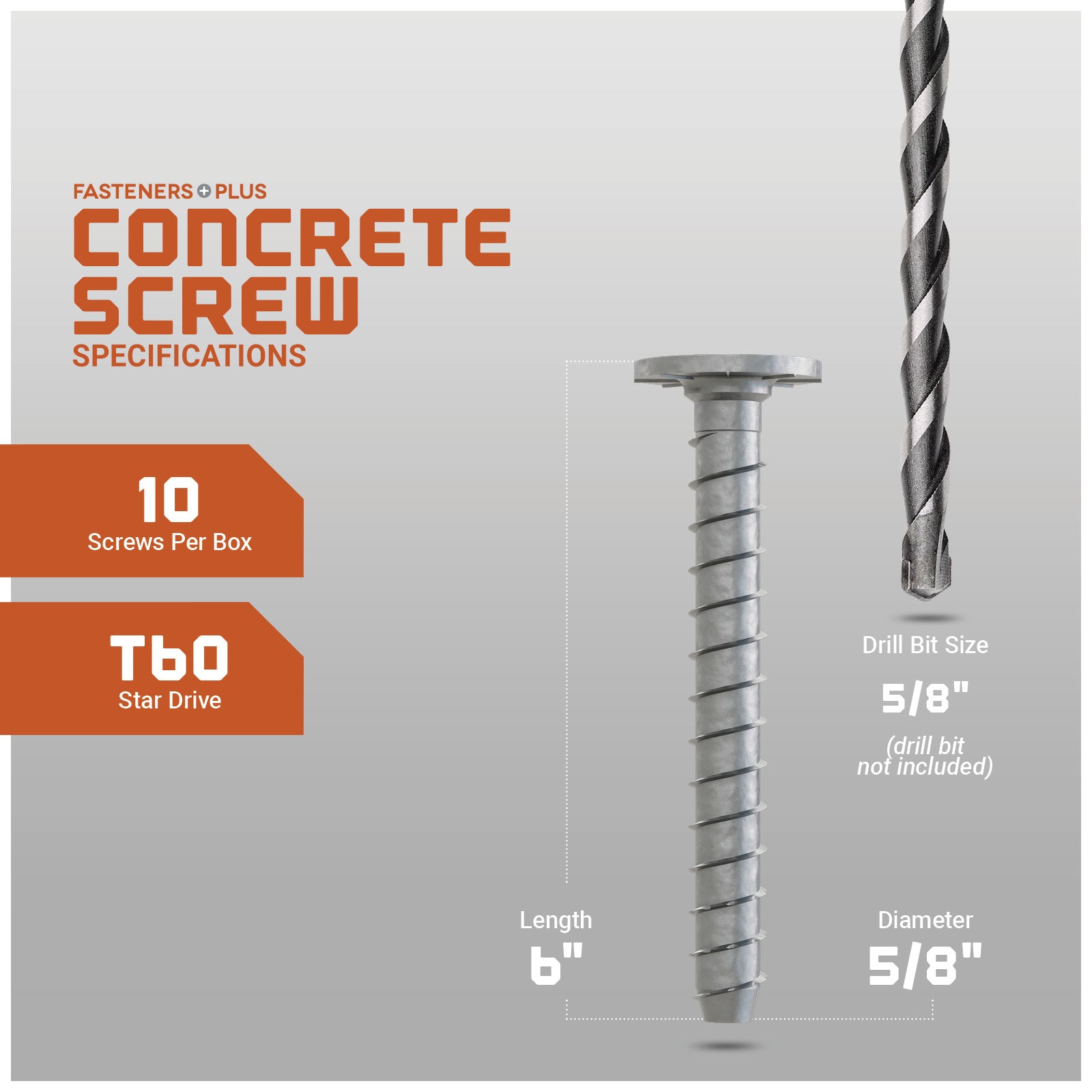 Concrete screw with specifications on a gray background