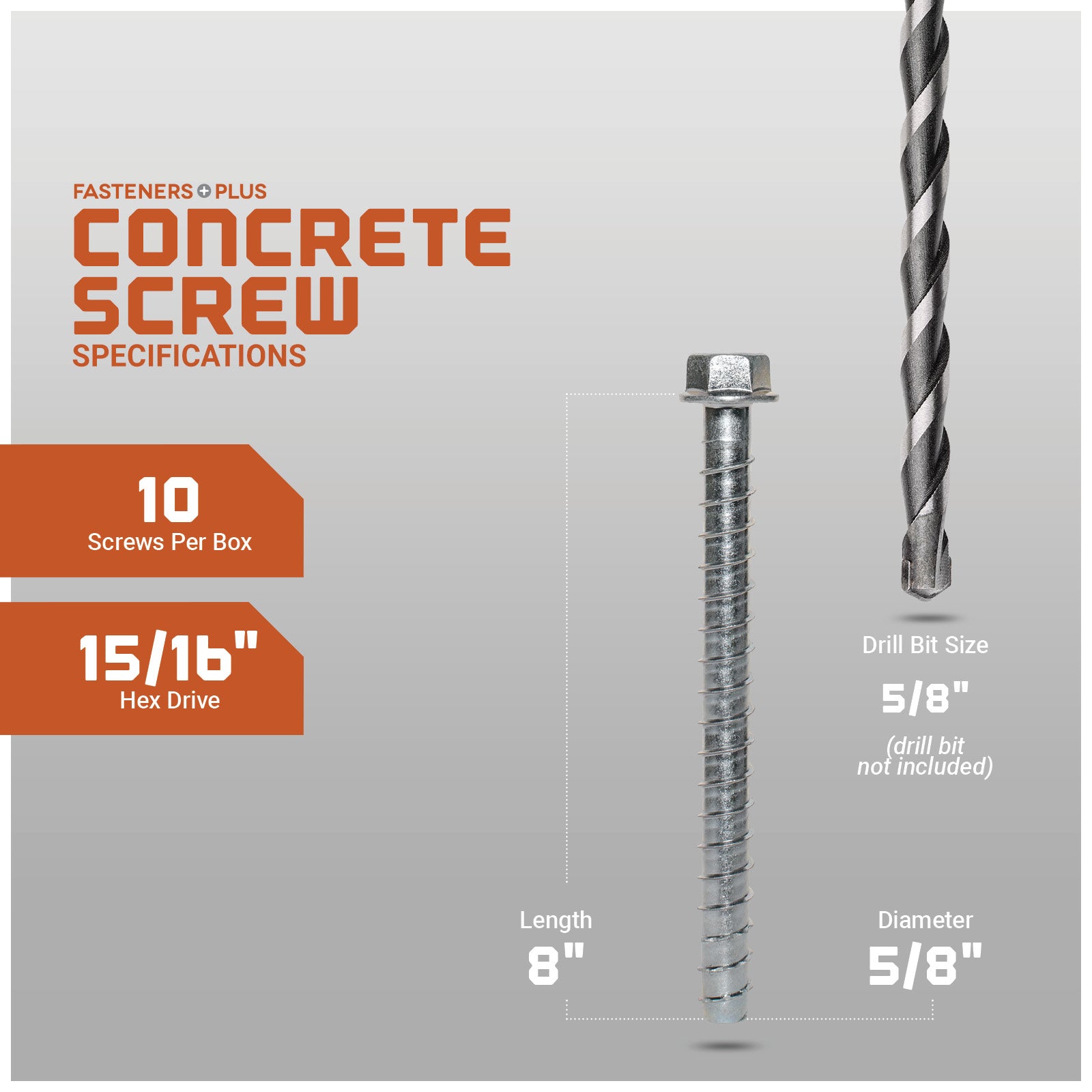 Concrete screw with drill bit on a gray background, featuring specifications.