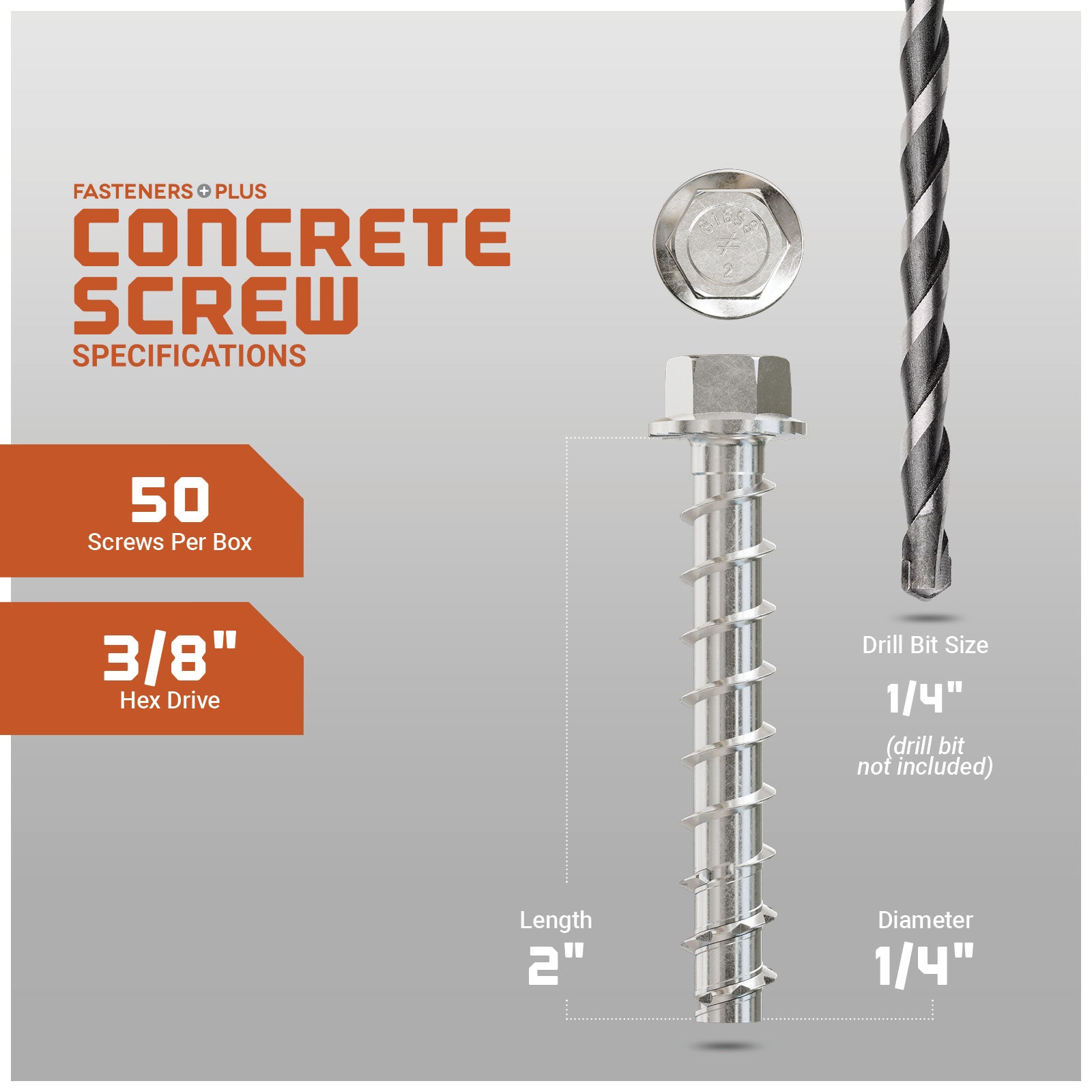 Concrete screw with specifications on a gray background