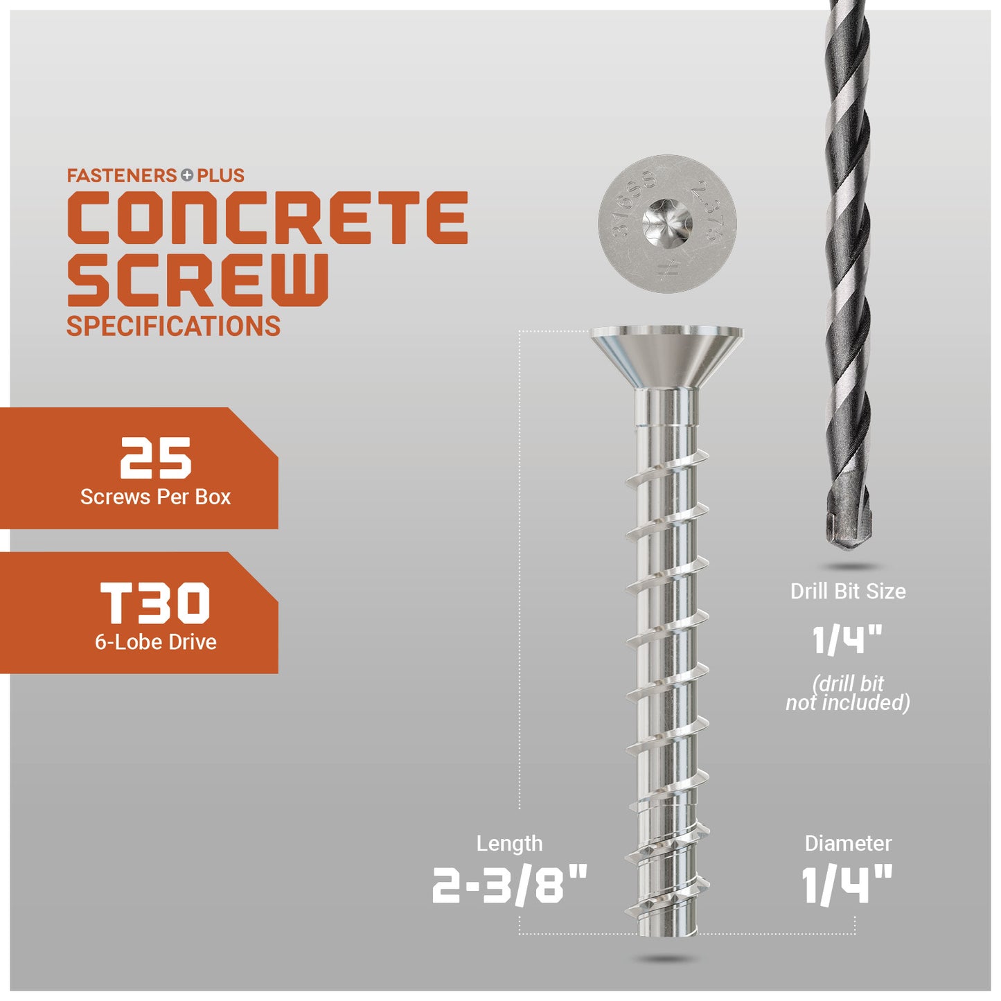Concrete screw with specifications on a gray background