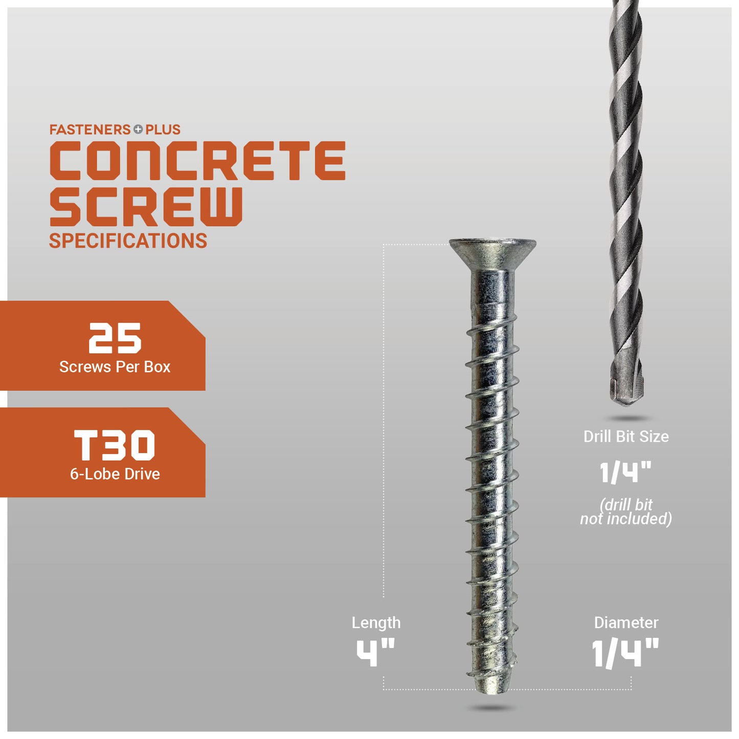 Concrete screw with drill bit specifications on a gray background