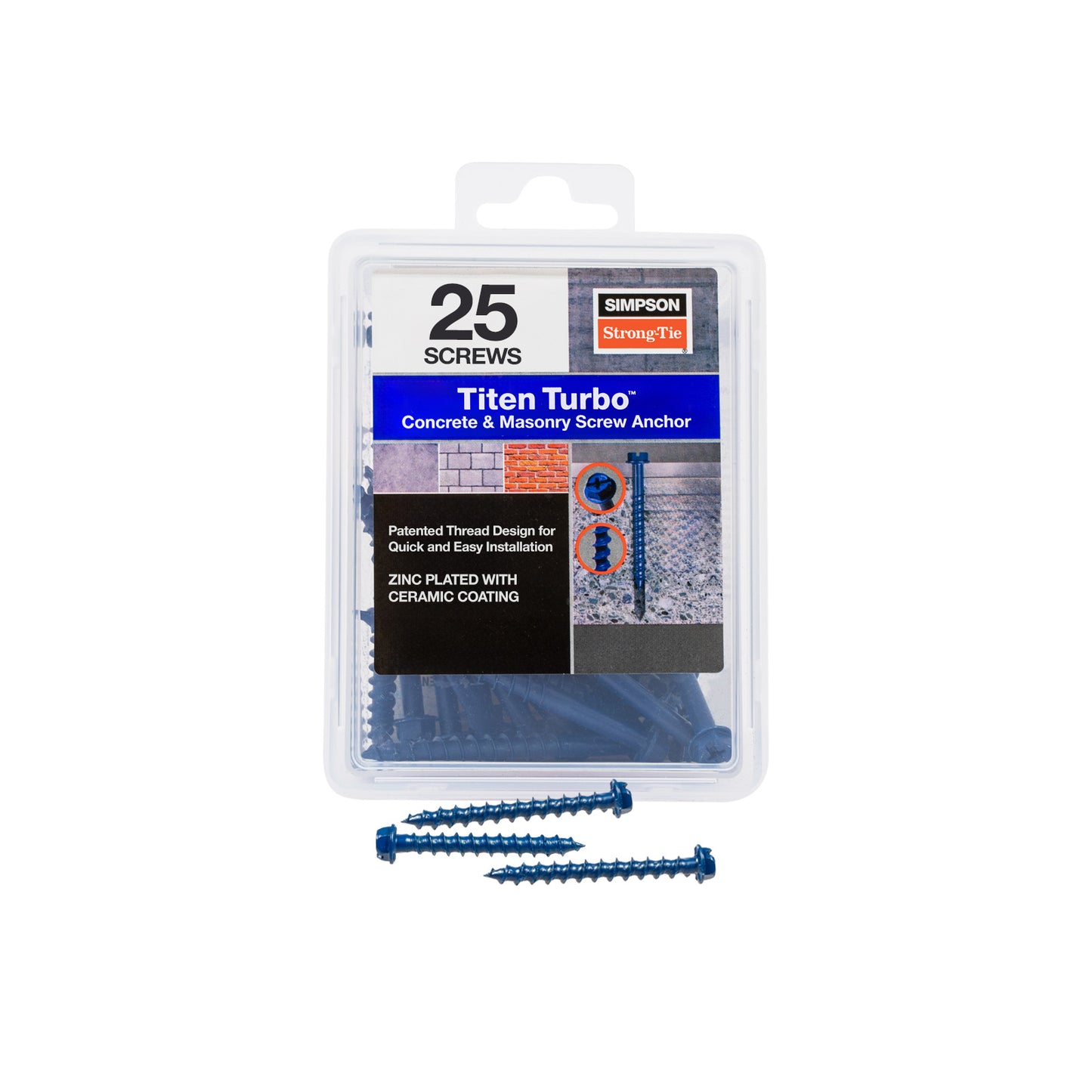 3/16" x 1-3/4" Strong-Tie Hex Head Titen Turbo Screw Anchor, Blue Zinc, Pkg 25