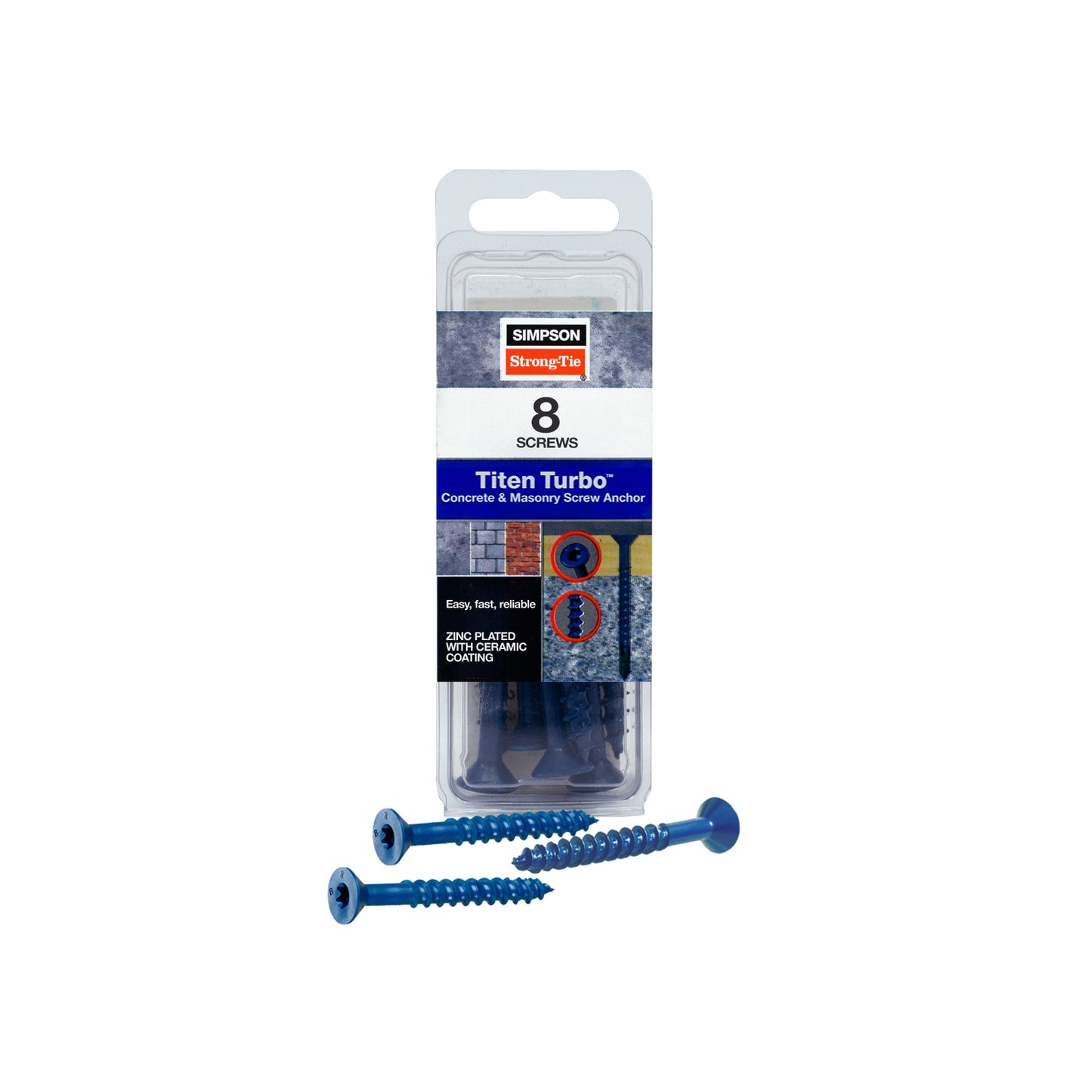 3/16" x 2-1/4" Strong-Tie Flat Head Titen Turbo Screw Anchor, Blue Zinc, Pkg 8