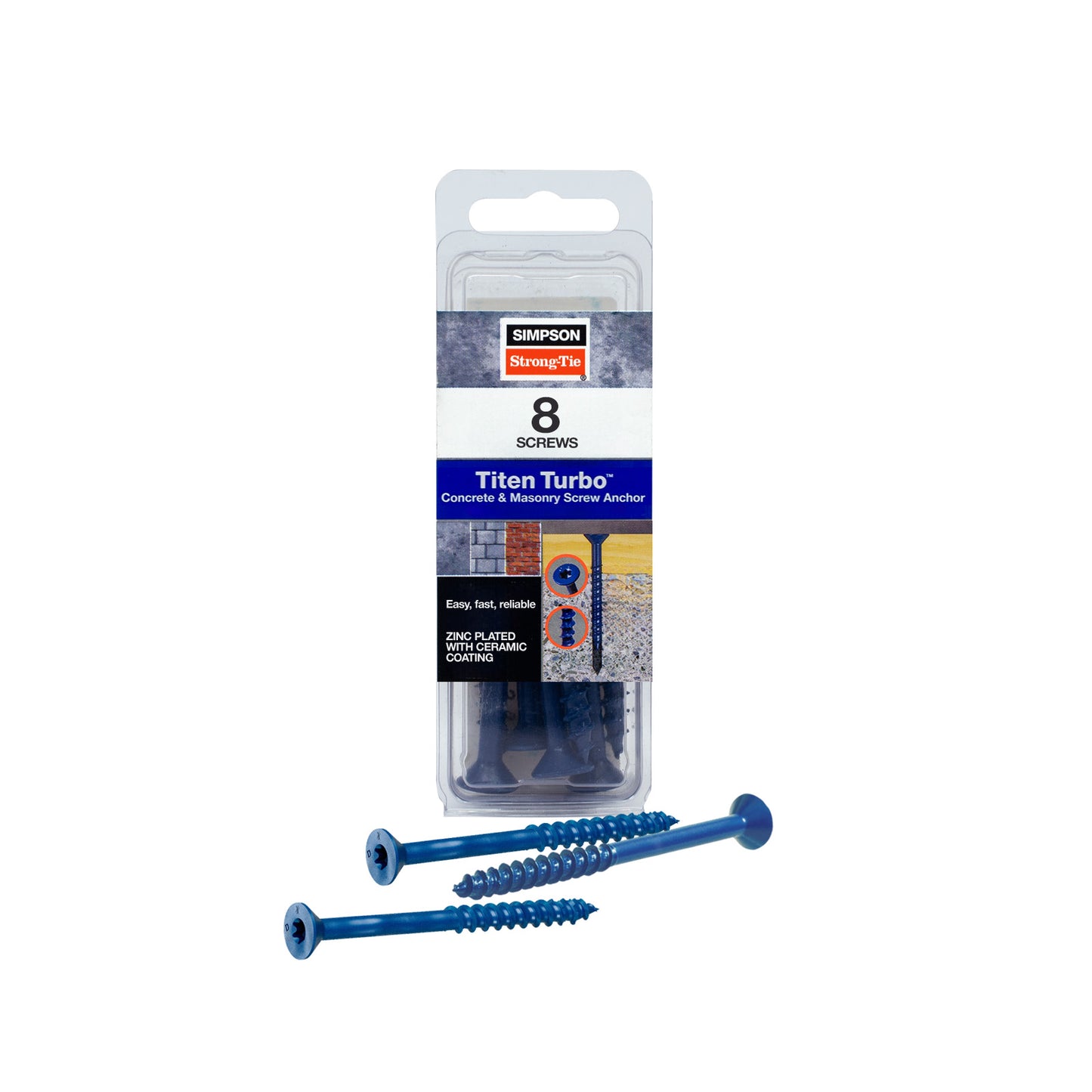 3/16" x 3-1/4" Strong-Tie Flat Head Titen Turbo Screw Anchor, Blue Zinc, Pkg 8