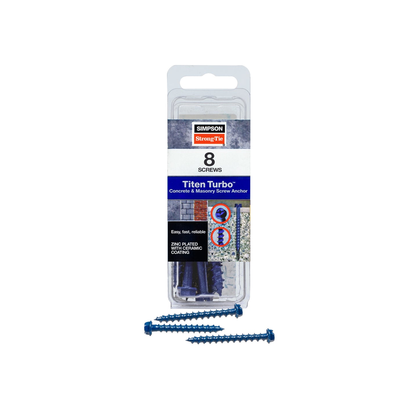 1/4"-1-3/4" Strong-Tie Hex Head Titen Turbo Screw Anchor, Blue Zinc, Pkg 8