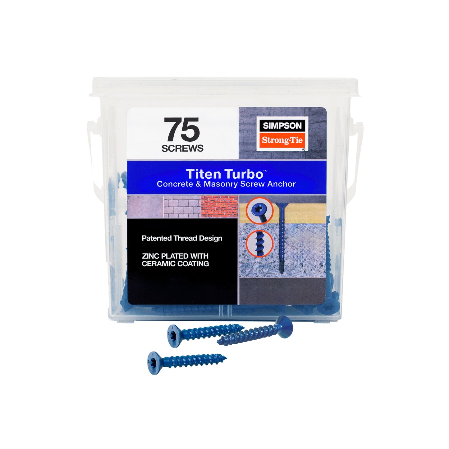 1/4"-1-3/4" Strong-Tie Flat Head Titen Turbo Screw Anchor, Blue Zinc, Pkg 75