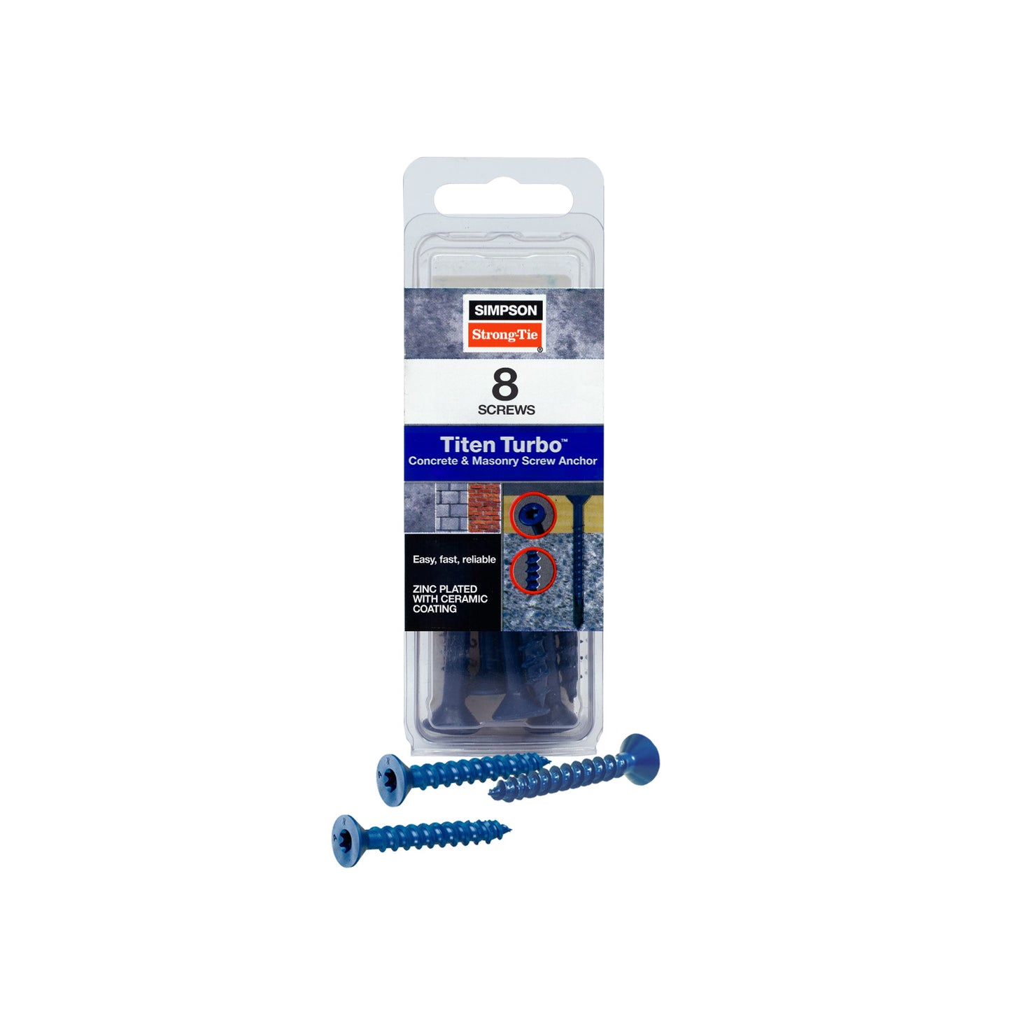 1/4"-1-3/4" Strong-Tie Flat Head Titen Turbo Screw Anchor, Blue Zinc, Pkg 8