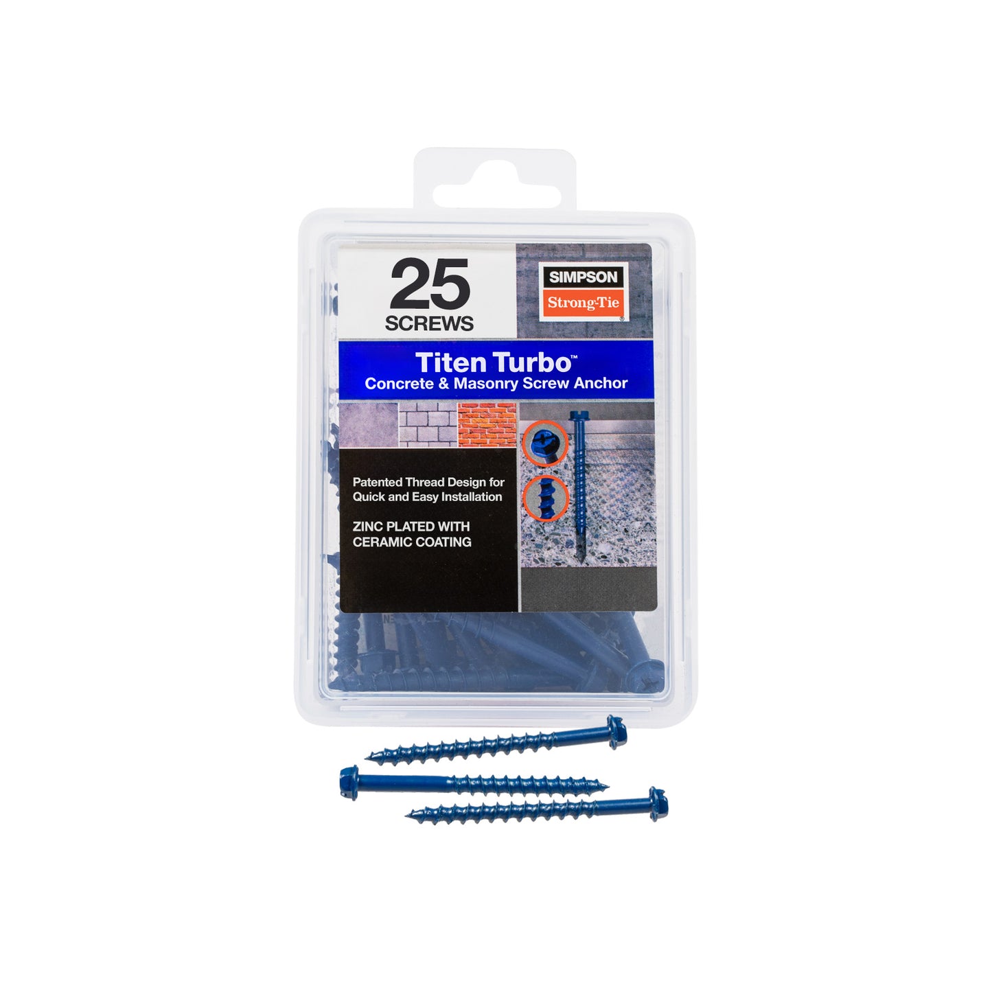 1/4"-2-1/4" Strong-Tie Hex Head Titen Turbo Screw Anchor, Blue Zinc, Pkg 25