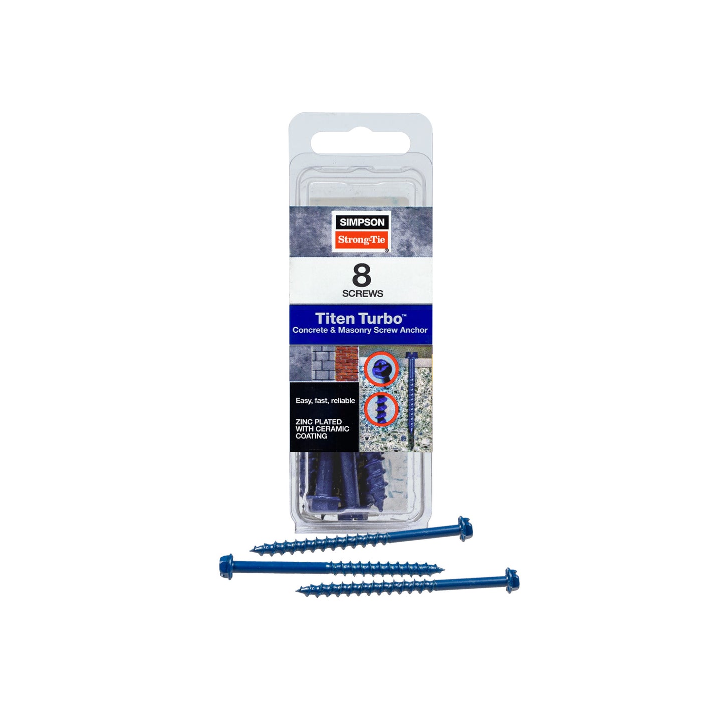 1/4"-2-3/4" Strong-Tie Hex Head Titen Turbo Screw Anchor, Blue Zinc, Pkg 8