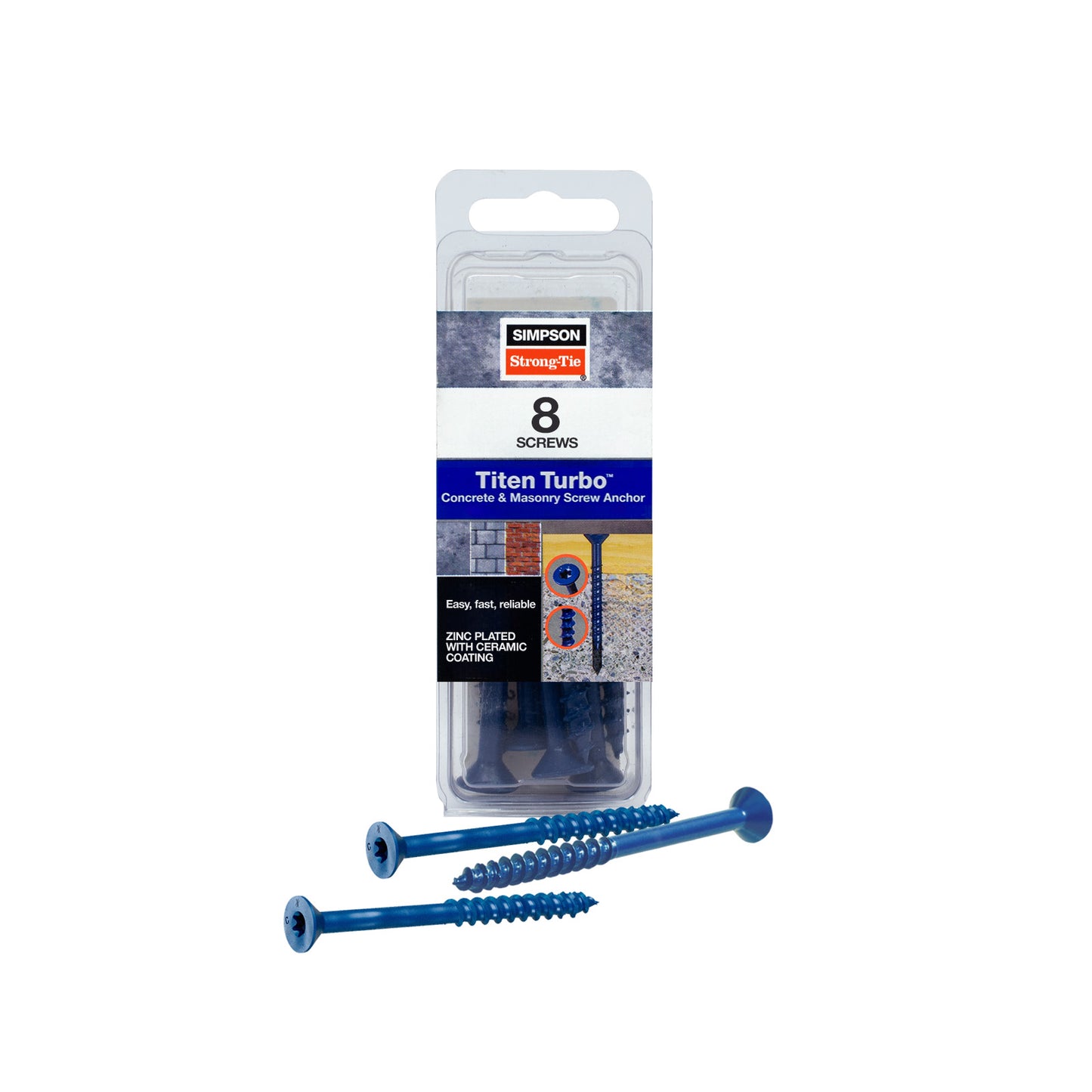 1/4"-2-3/4" Strong-Tie Flat Head Titen Turbo Screw Anchor, Blue Zinc, Pkg 8