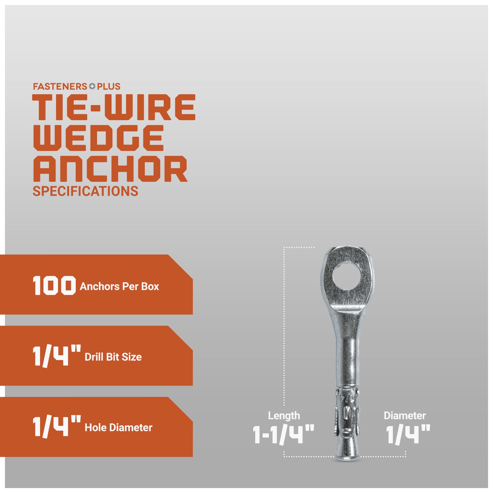 Product specifications for tie-wire wedge anchor on a gray background