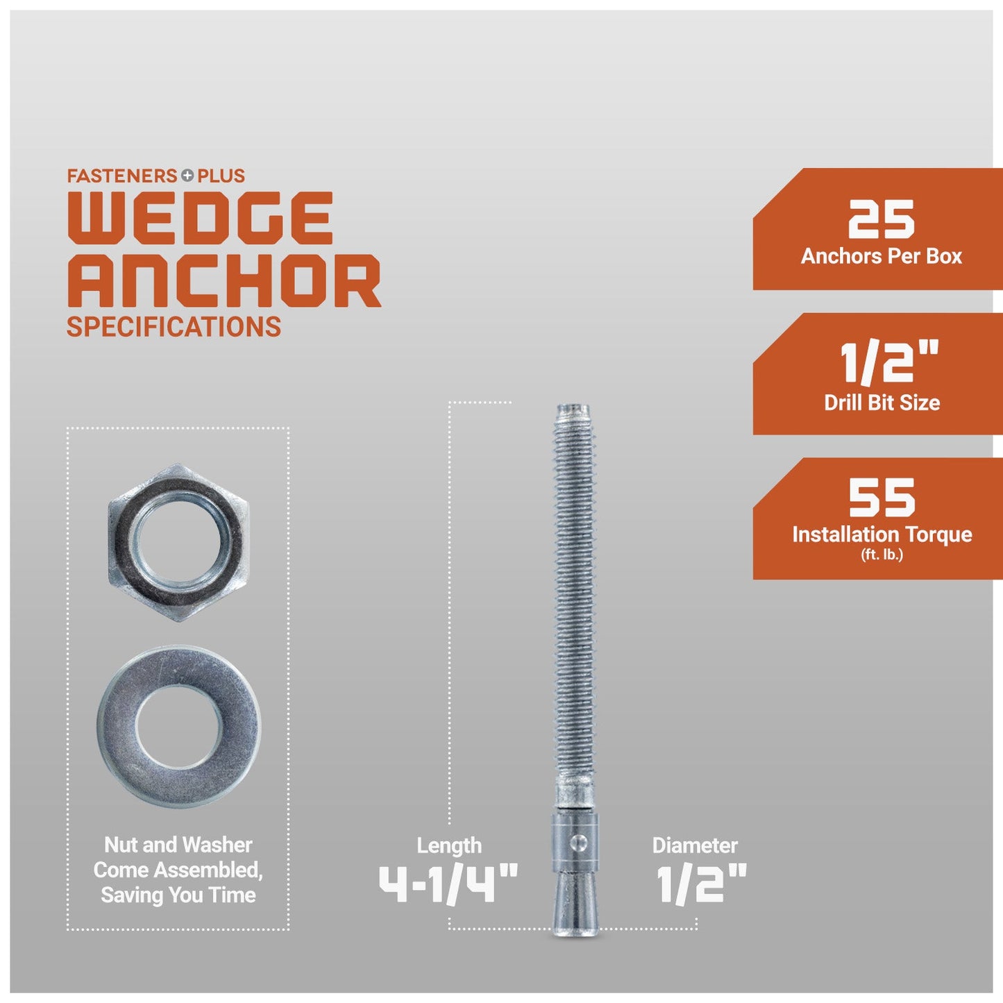 1/2" x 4-1/4" Red Head Trubolt Wedge Anchor, Zinc, Pkg 25 Dimensions