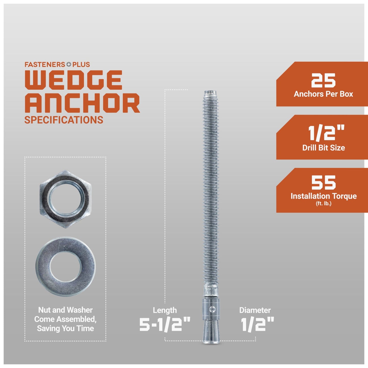 1/2" x 5-1/2" Red Head Trubolt Wedge Anchor, Zinc, Pkg 25 Dimensions