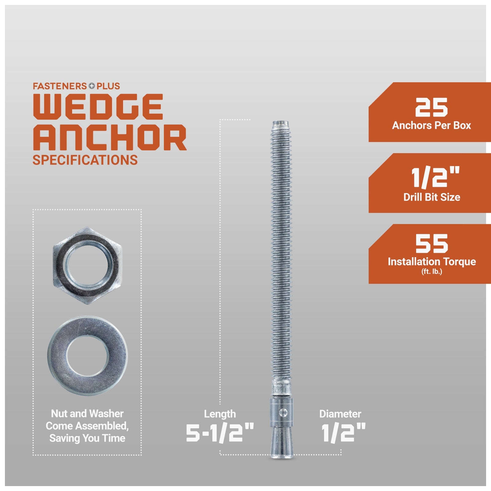 1/2" x 5-1/2" Red Head Trubolt Wedge Anchor, Zinc, Pkg 25 Dimensions