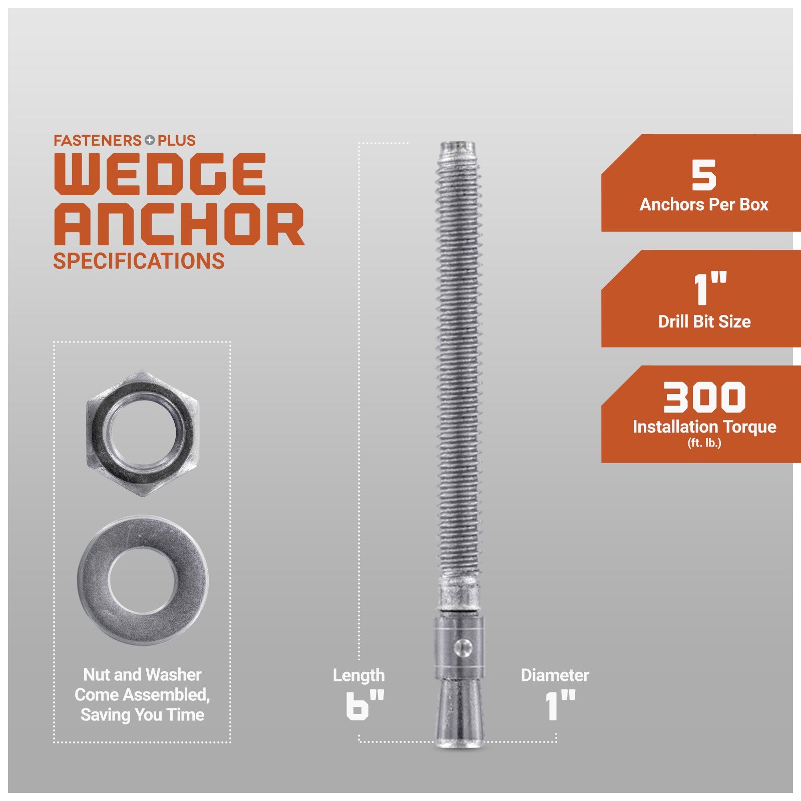 1" x 6" Red Head Trubolt 304 Stainless Steel Wedge Anchor, Pkg 5 Dimensions