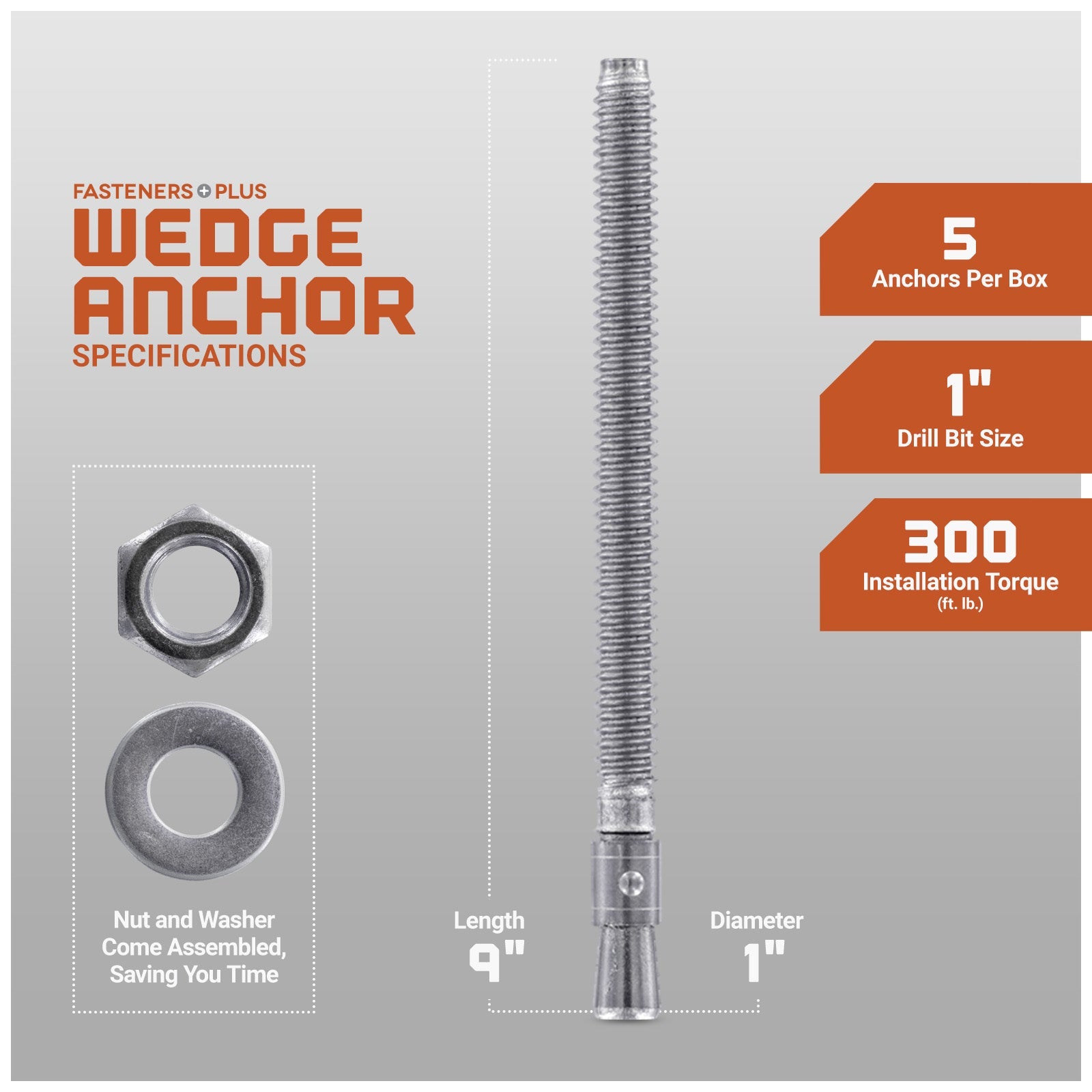 1" x 9" Red Head Trubolt 304 Stainless Steel Wedge Anchor, Pkg 5 Dimensions