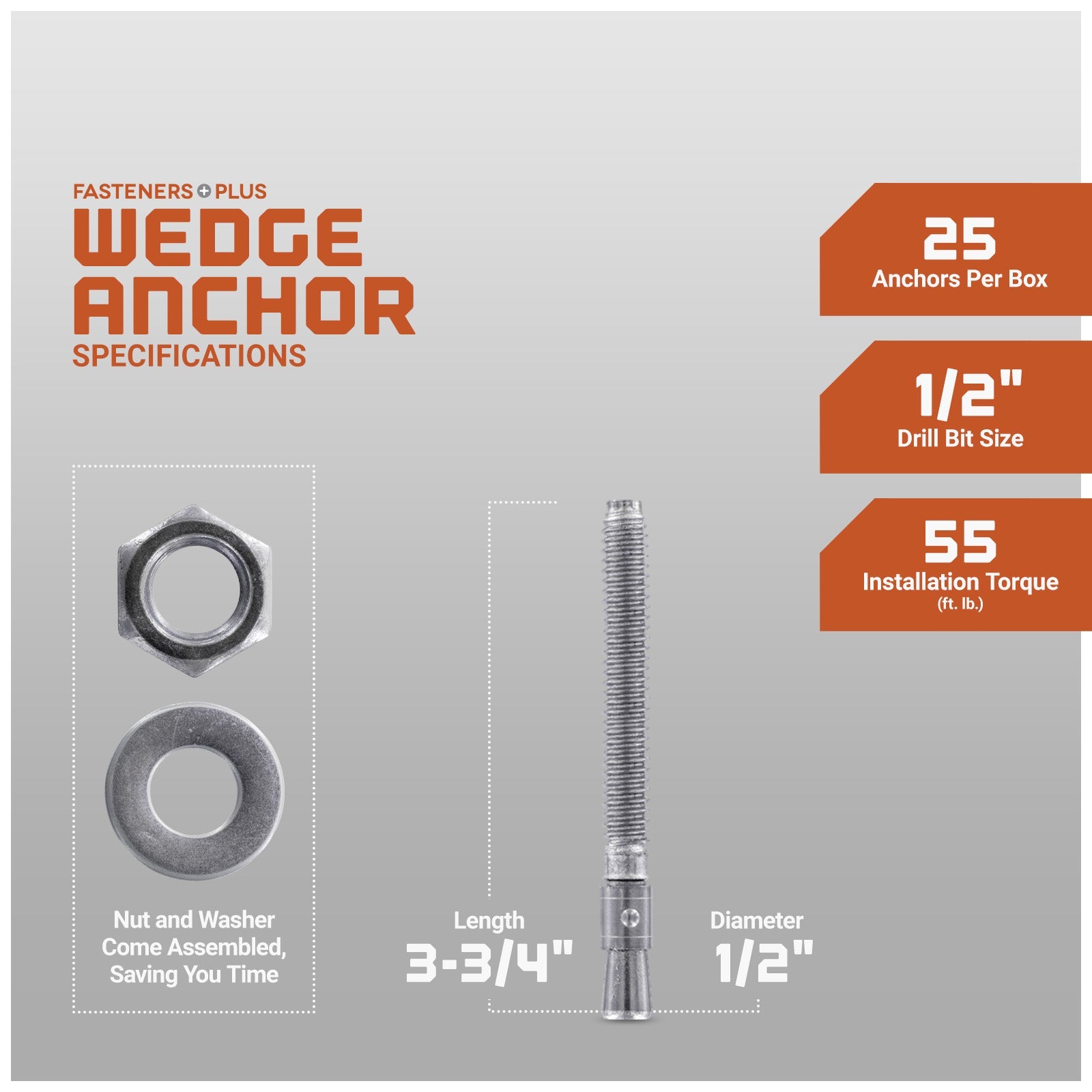 1/2" x 3-3/4" Red Head Trubolt 304 Stainless Steel Wedge Anchor, Pkg 25 Dimensions