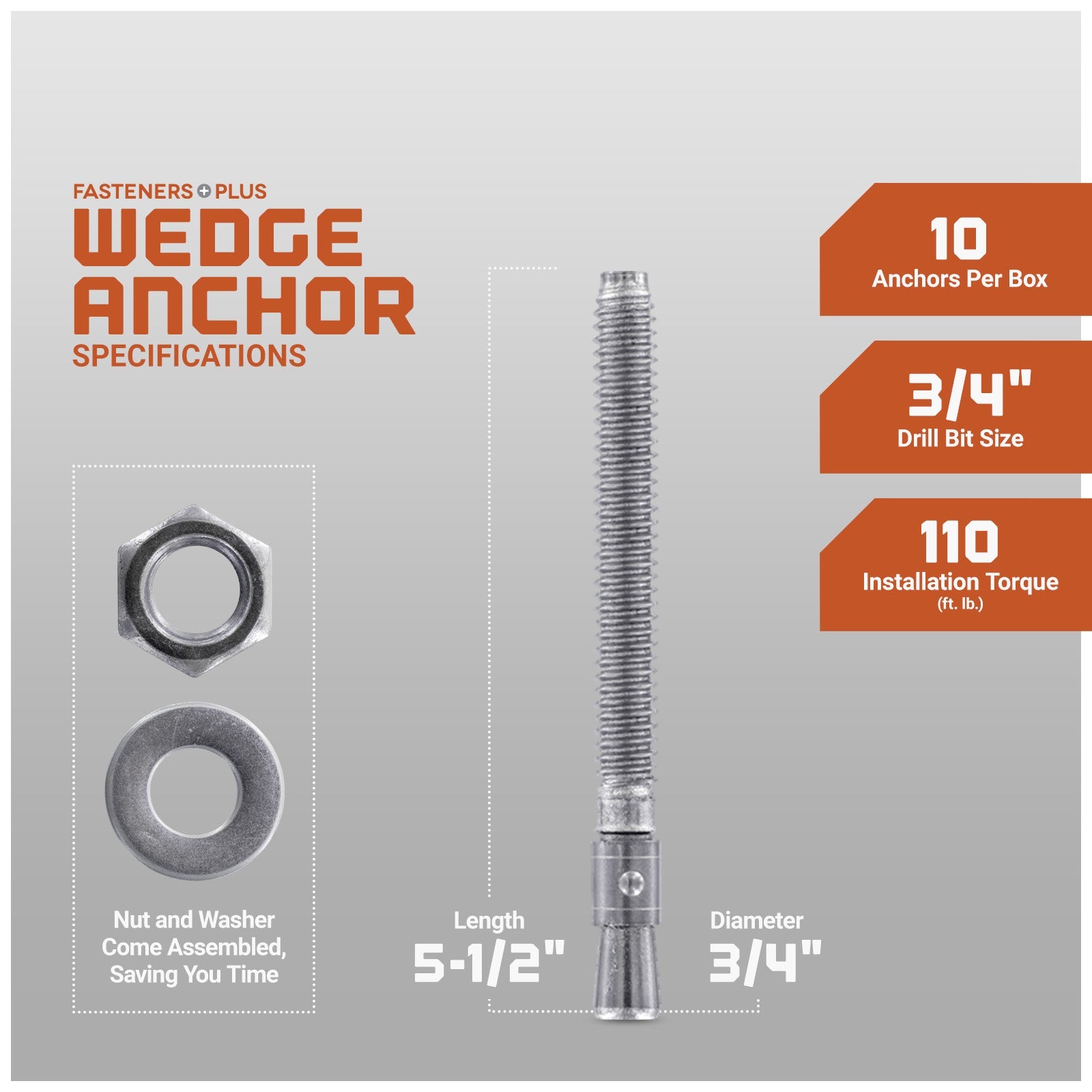 3/4" x 5-1/2" Red Head Trubolt 304 Stainless Steel Wedge Anchor, Pkg 10 Dimensions