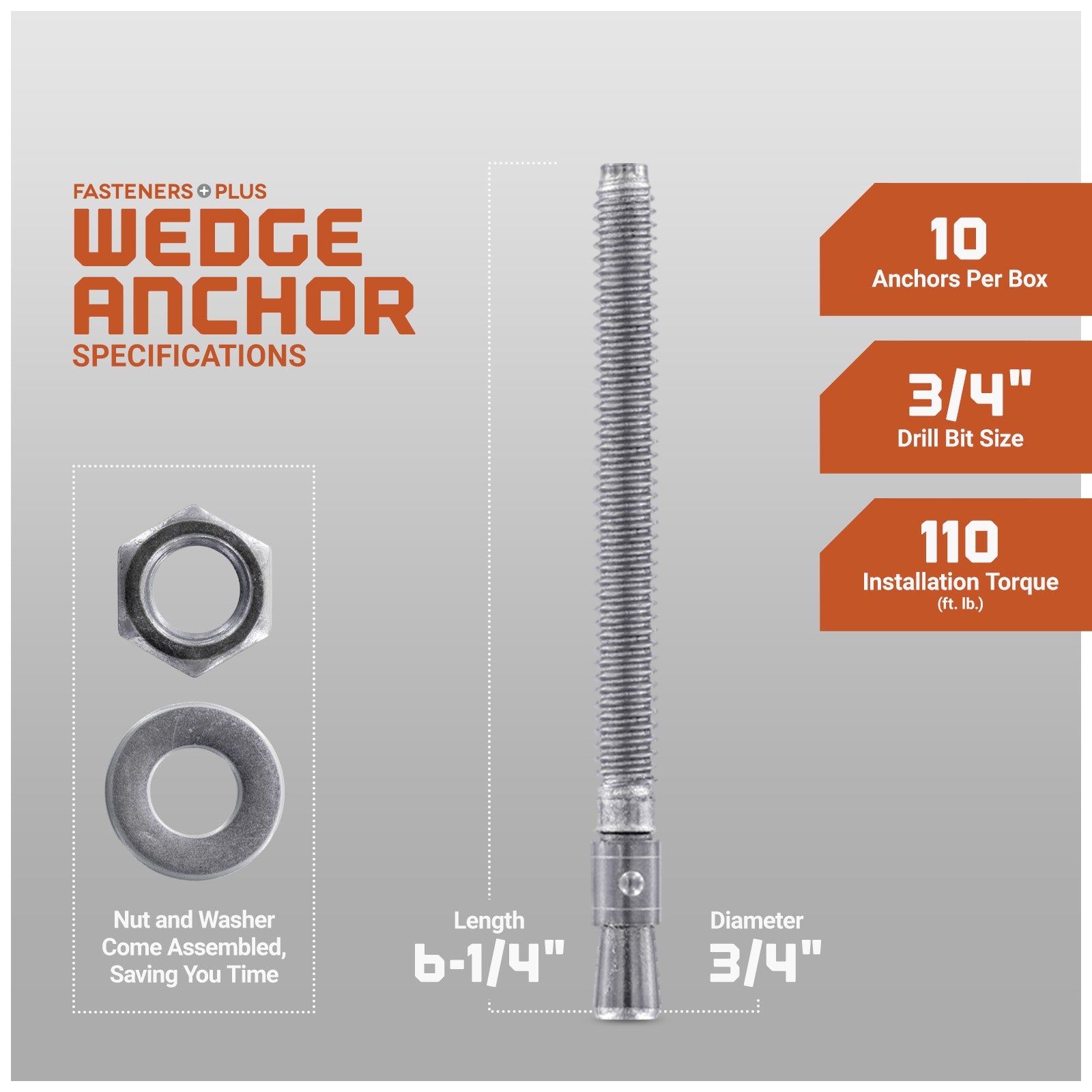 3/4" x 6-1/4" Red Head Trubolt 304 Stainless Steel Wedge Anchor, Pkg 10 Dimensions