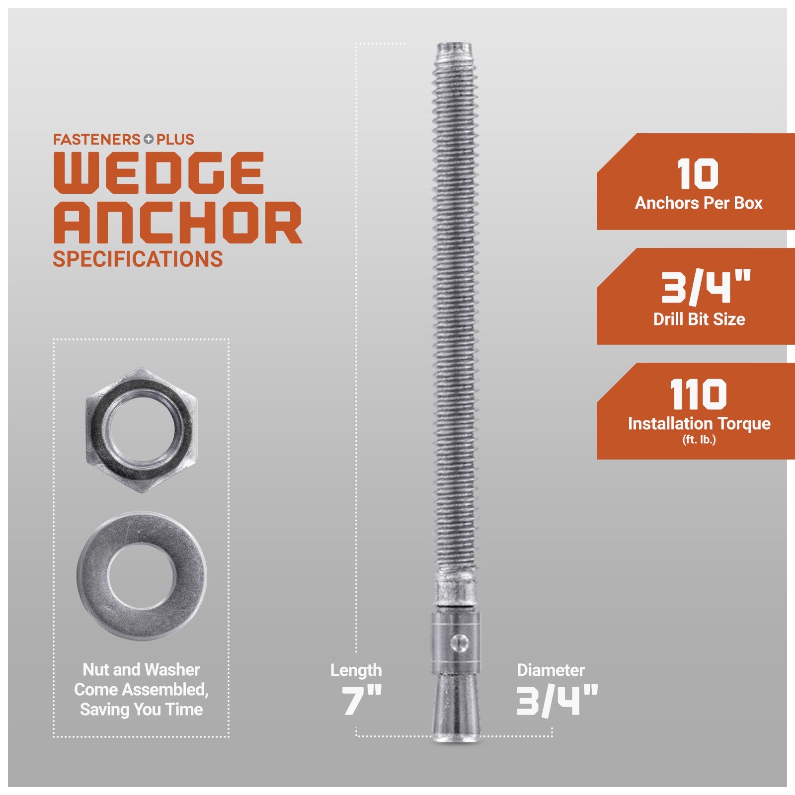 3/4" x 7" Red Head Trubolt 304 Stainless Steel Wedge Anchor, Pkg 10 Dimensions