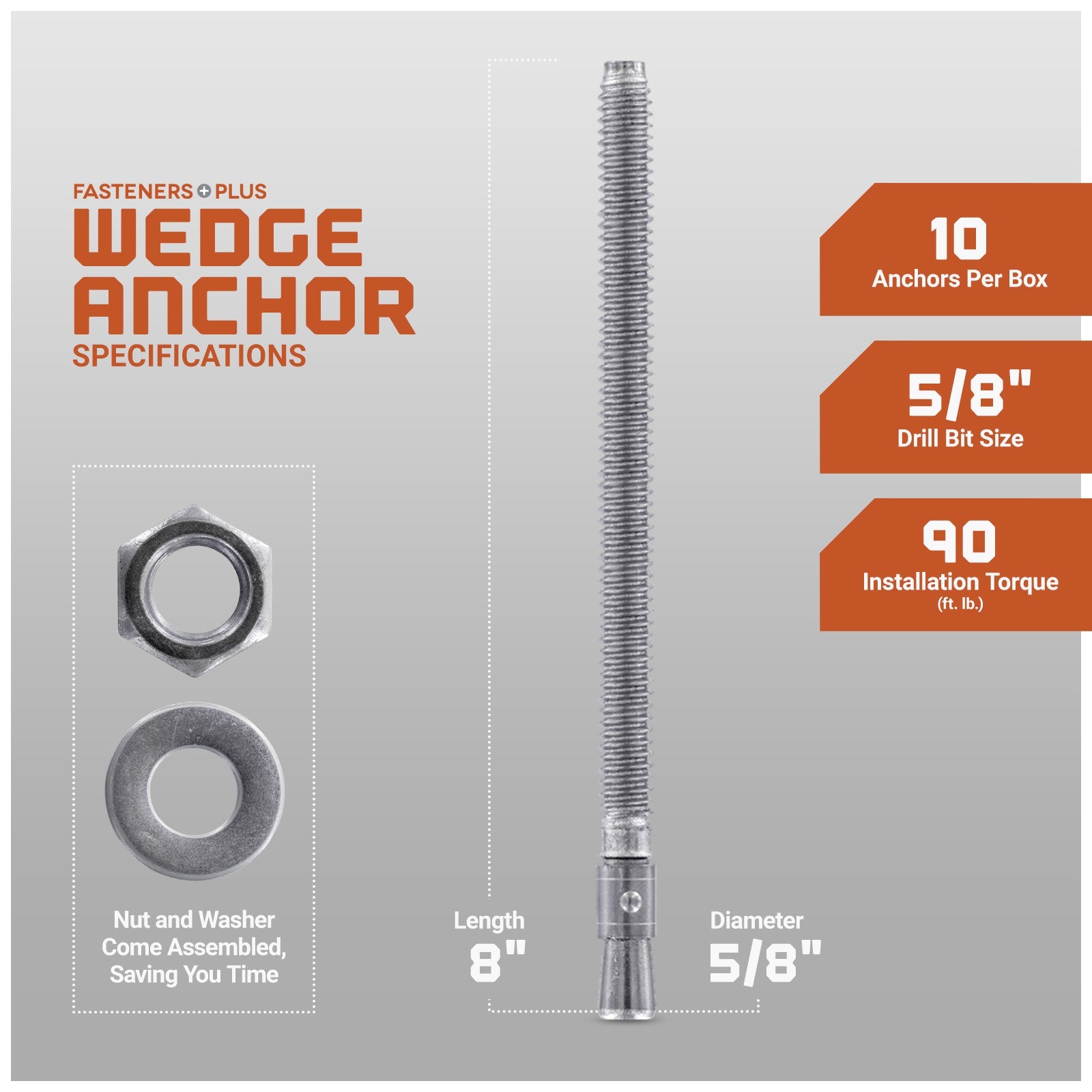 5/8" x 8-1/2" Red Head Trubolt 304 Stainless Steel Wedge Anchor, Pkg 10 Dimensions