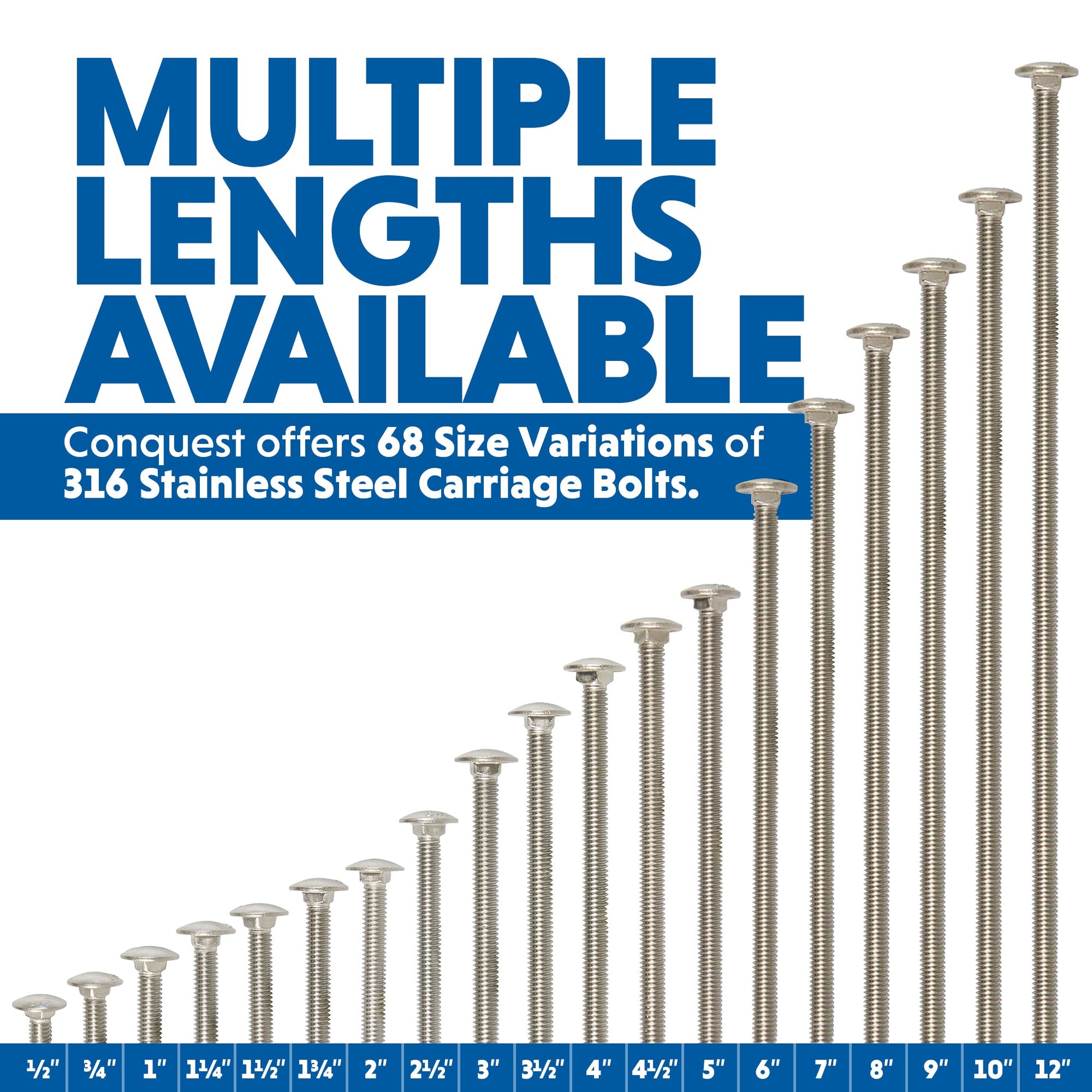 Conquest 316 Stainless Steel Carriage Bolts are Available in a Wide Variety of Lengths, from 1/2" to 12"