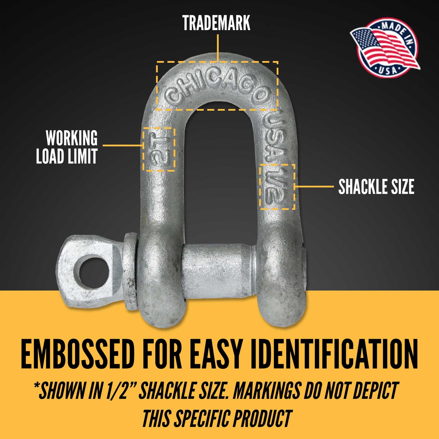 Screw Pin Chain Shackle - Chicago Hardware - 3/4" Galvanized Steel - 4.75 Ton embossed for easy identification