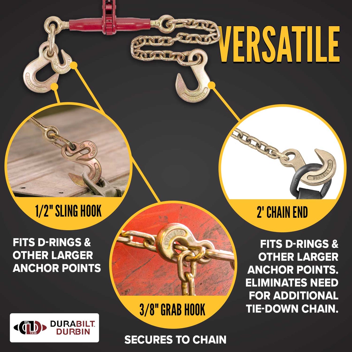 3/8" Grab Hook & 1/2" Sling Hook & 2' G100 CE w/ 1/2" Sling Hook - Durabilt Pro-Bind Ratchet Binder