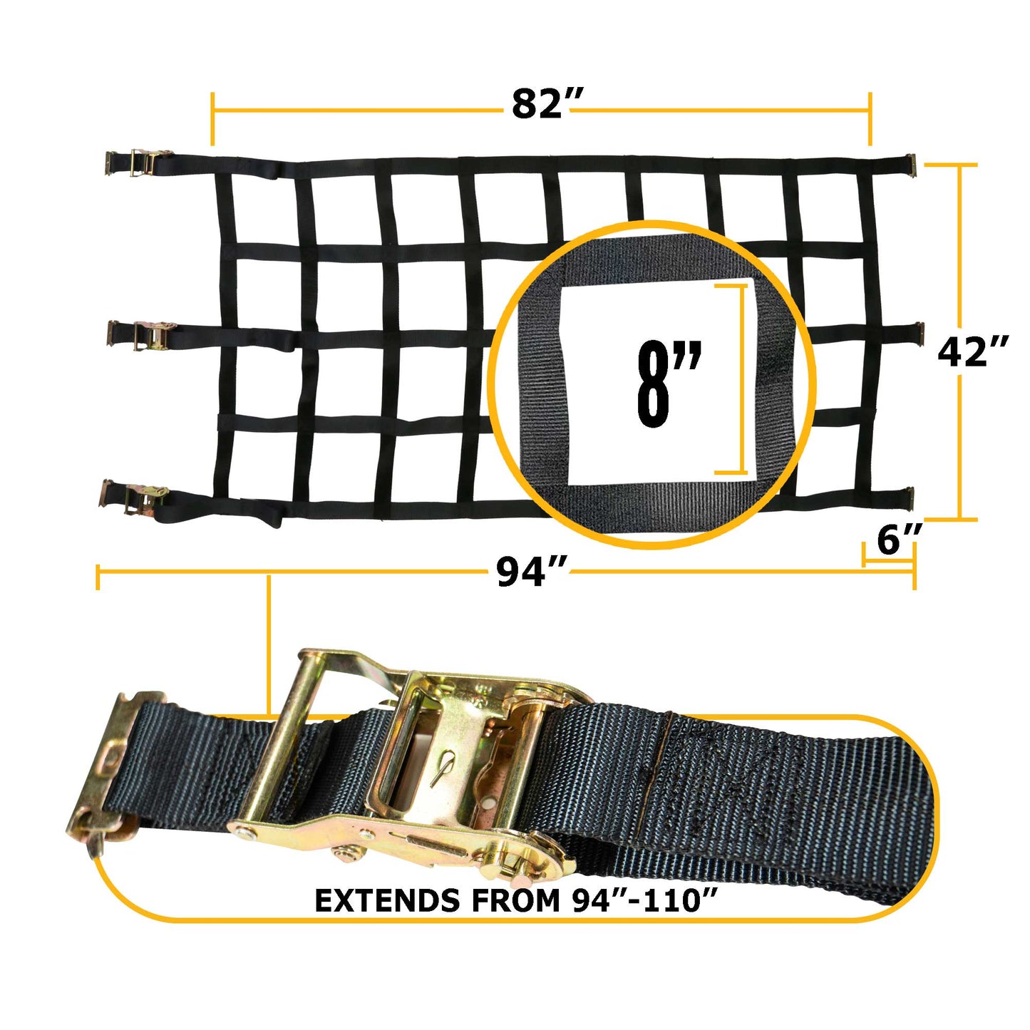 42" x 82" Heavy Duty Cargo Net with Ratchets & E-Track Fittings