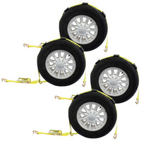 Car Carrier Wheel Strap w/ Wire Hooks & Adj Rubber Blocks & Ratchet - 4 Pack