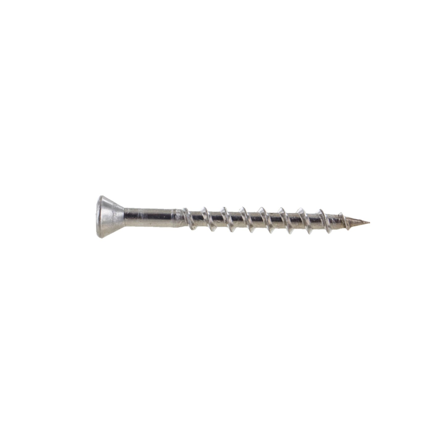 A single #7 x 1-5/8 inch silver-colored stainless steel trim head deck screw.