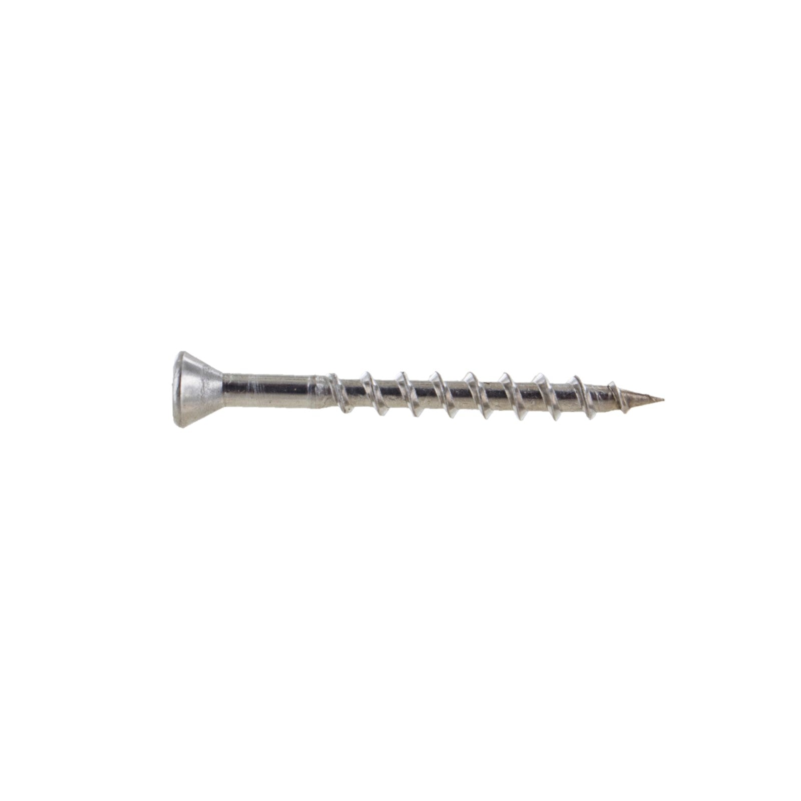 A single #7 x 1-5/8 inch silver-colored stainless steel trim head deck screw.