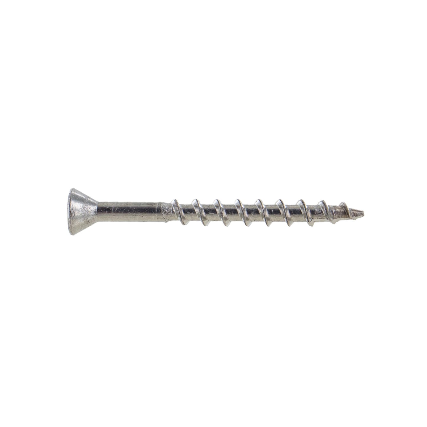 A single #7 x 1-5/8 inch trim head deck screw made of 316 stainless steel, against a white background.