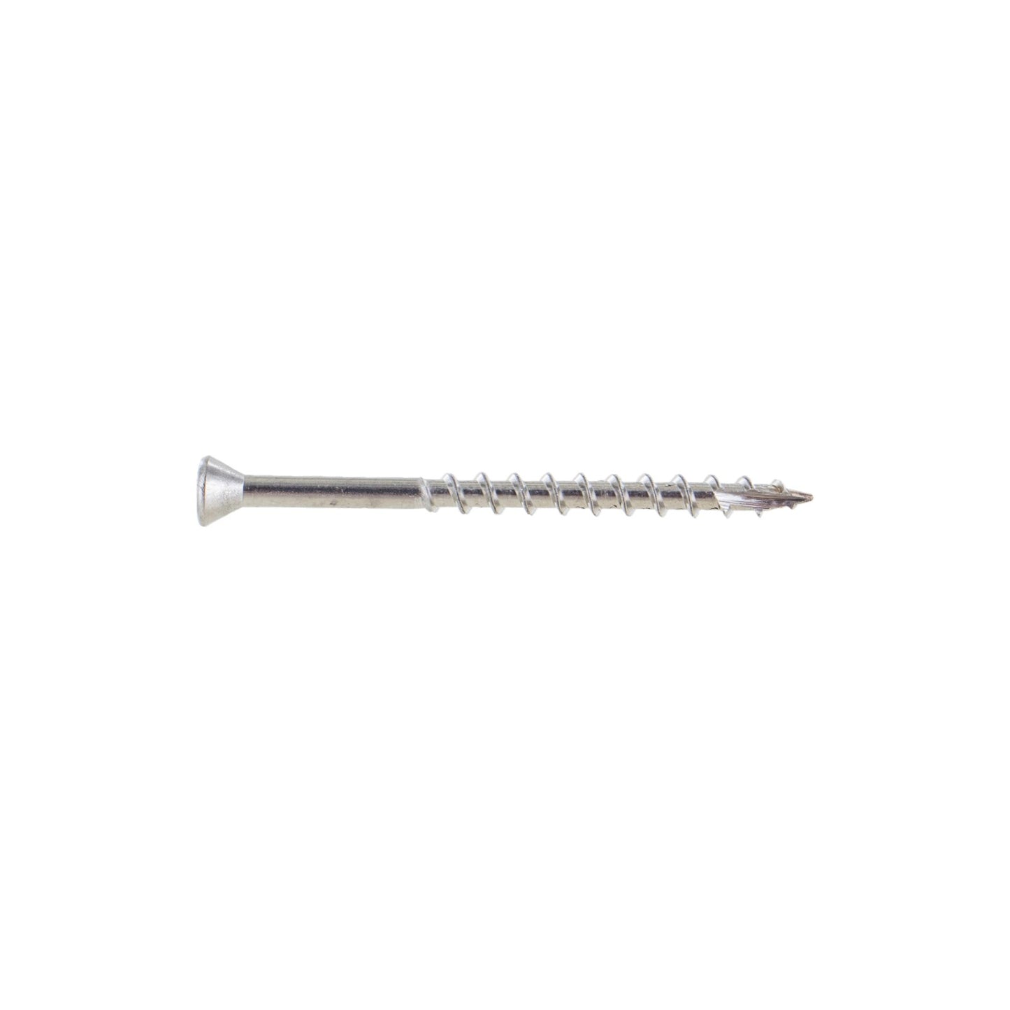 A single #7 x 2-1/4 inch trim head deck screw made of 304 stainless steel with a visible thread pattern and a small trim head.