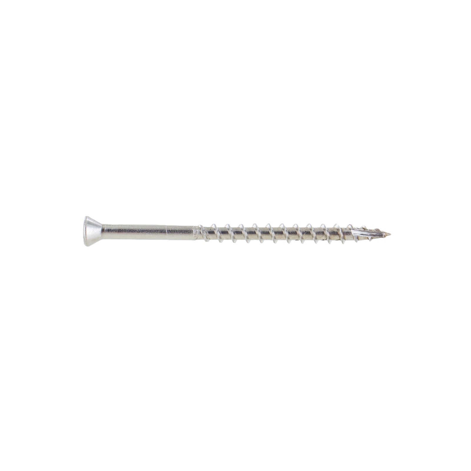 A single #8 x 2-1/2 inch Conquest Trim Head Deck Screw made from 304 stainless steel, displayed against a white background.
