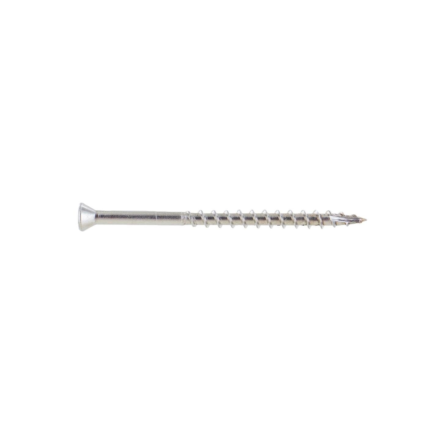 A single #8 x 2-1/2 inch Conquest trim head deck screw made of 316 stainless steel.